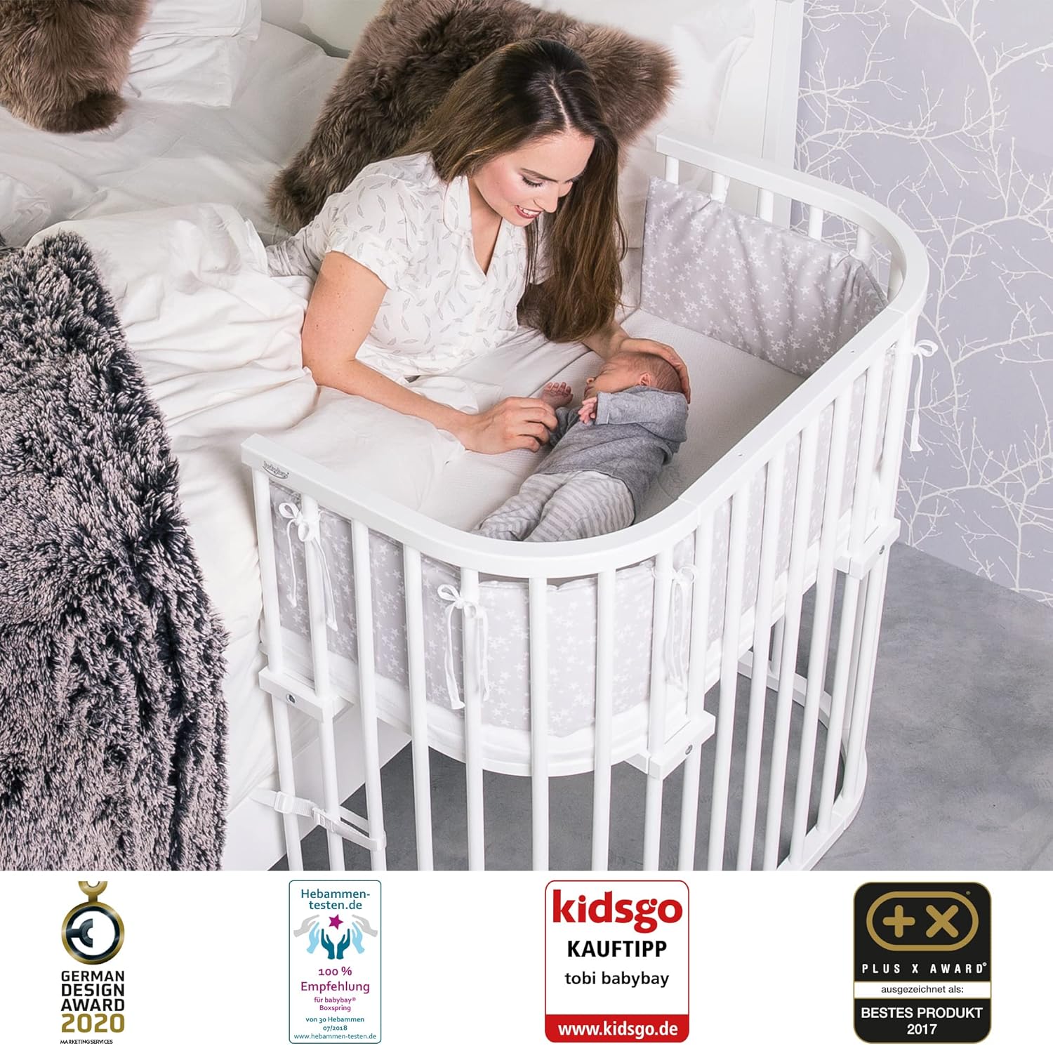 babybay Original Beistellbett aus massivem Buchenholz / kompakt & verwandelbar / Kinderbett Höhe stufenlos verstellbar & umweltfreundlich / mitwachsendes Babybett (weiß lackiert) / inkl. Matratze