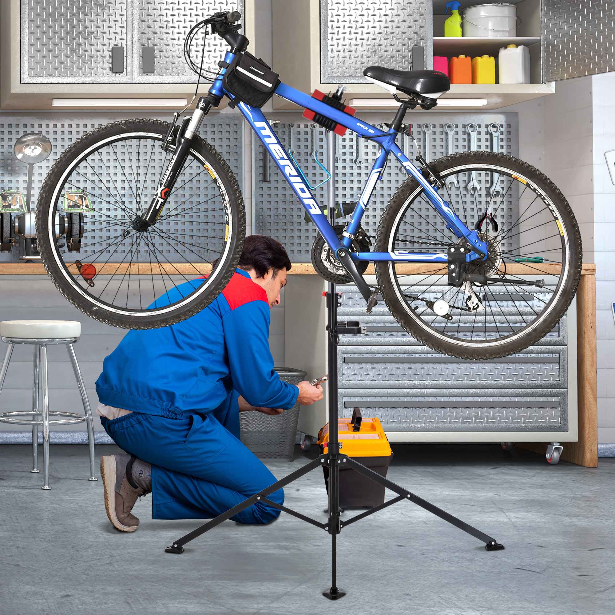 HOMCOM Fahrradmontageständer Zentrierständer Fahrradständer Reparaturständer vierbeinig mit Werkzeugablage