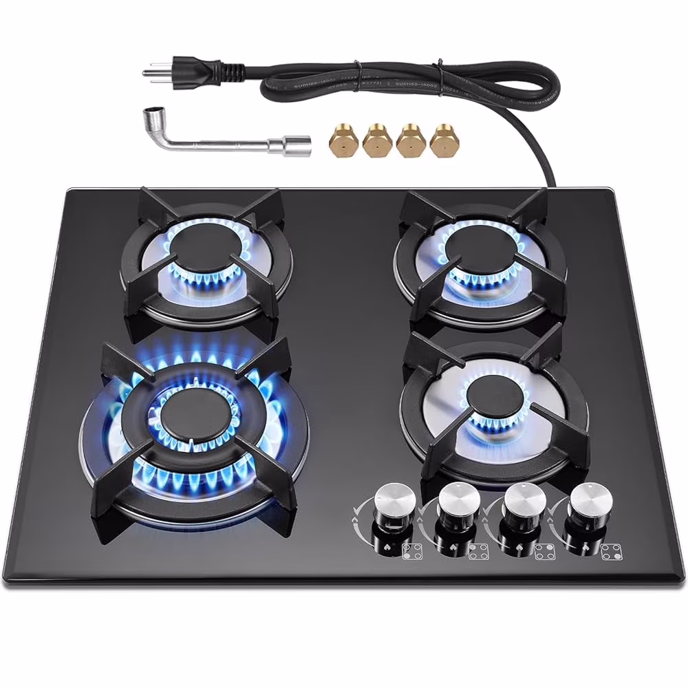 GRACEALL 4 Burner Gas Stove Cooktop 24in, Glass Top Built-in Gas Burner Hob, NG/LPG Compatible or use with Propane or Neutral Gas