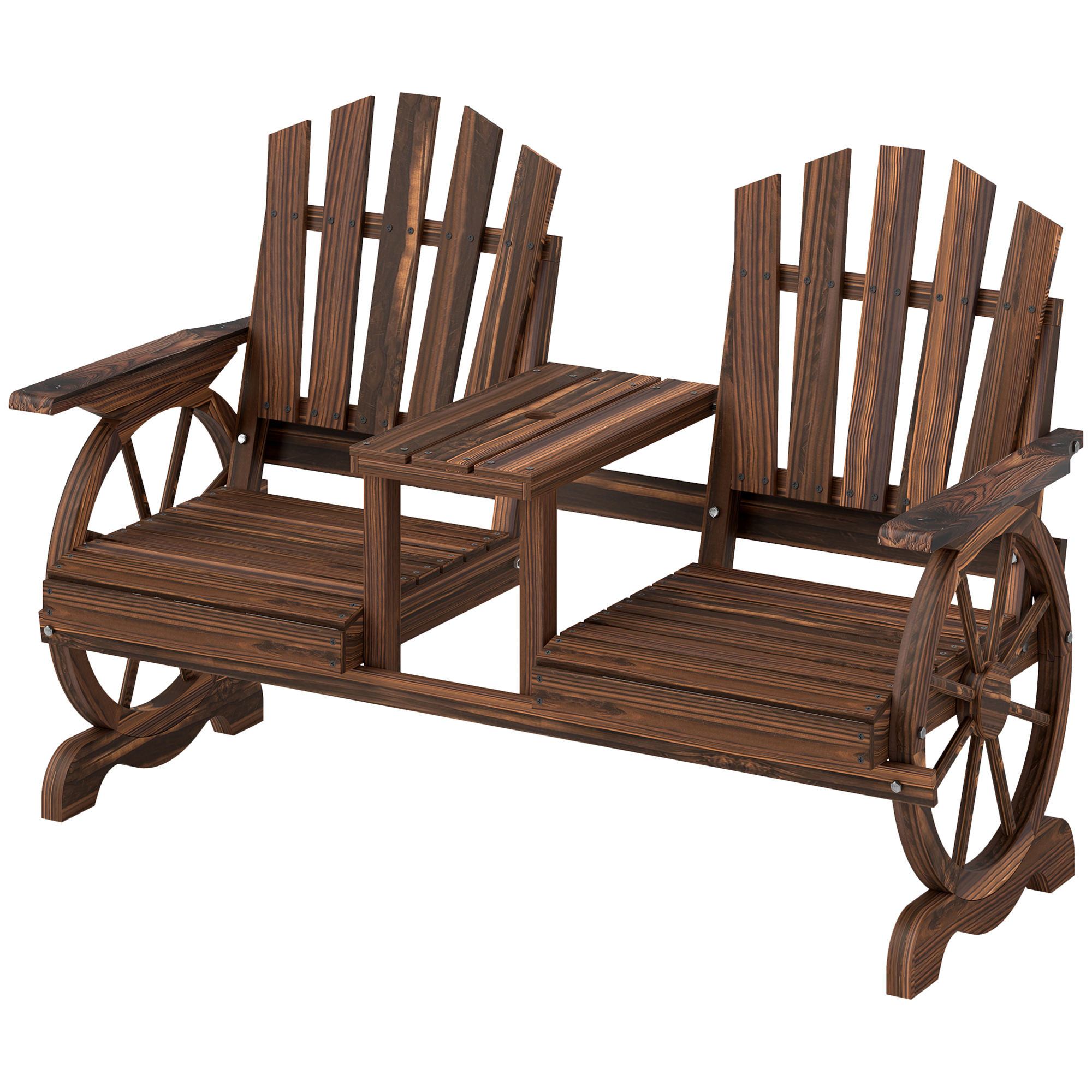 Outsunny 2-Sitzer Gartenbank Holz, wetterfest Sitzbank, mit Schirmloch, Beine im Wagenradform 154 x 65 x 102 cm Verkohlt