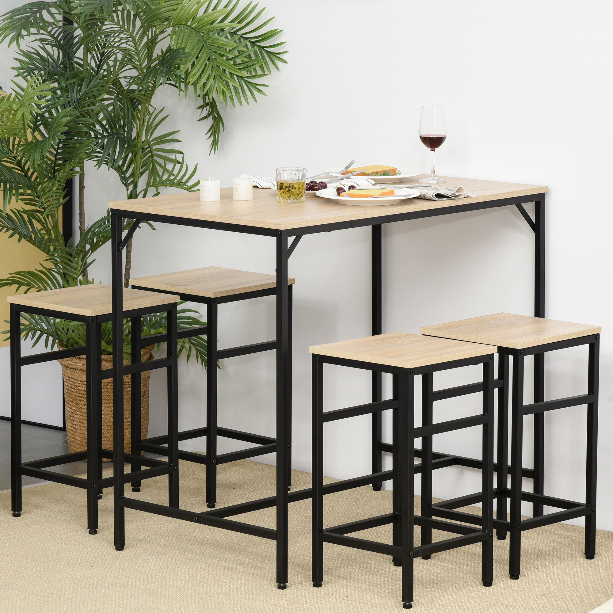 HOMCOM Hoch Tisch Set mit 4 Barhockern im Industrial Stil aus Metall und Holz, Hell Eiche