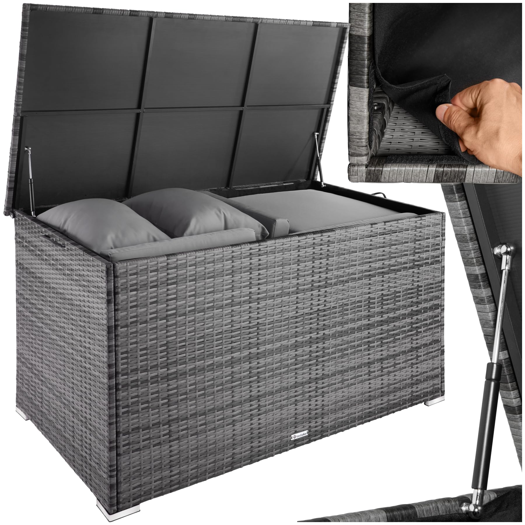 Aufbewahrungsbox Garten 750 L aus Aluminium und Polyrattan, grau, wetterfest mit Deckel und Gasdruckfedern, 145x82,5x79,5 cm