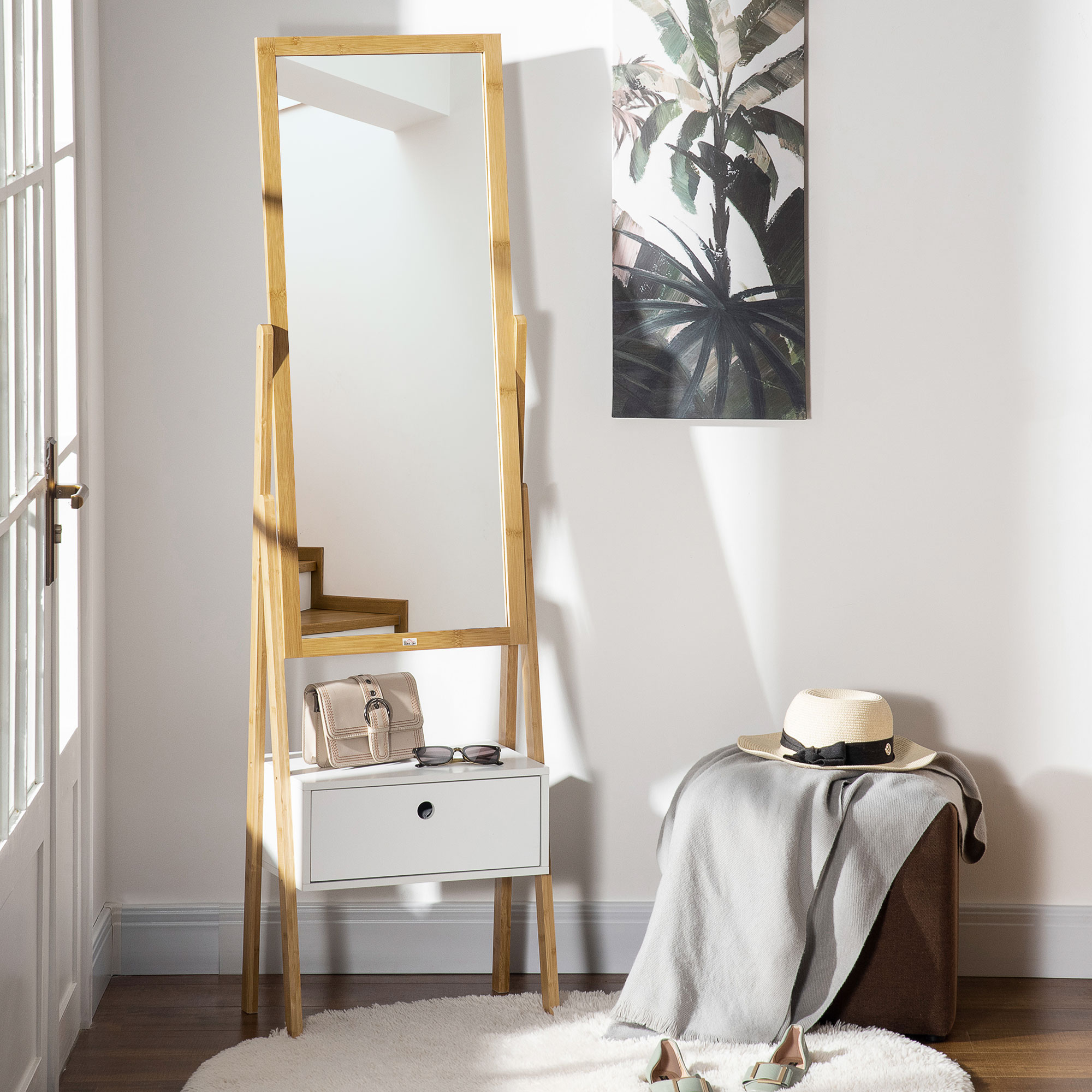 HOMCOM Freistehender Spiegel mit Schubladen-Aufbewahrung aus Bambus und MDF - Maße 45L x 30B x 160H cm - Weiß und Natur