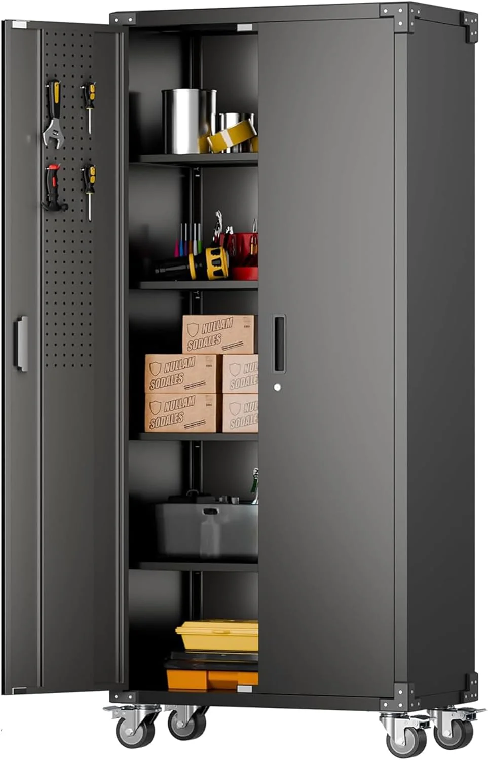 Aobabo Upgraded Garage Storage Cabinets with Wheels,Metal Storage Cabinets with 5 Adjustable Shelves for Garage Home Office Storage, Black,71''H*34''W*18''D,Assembly Required