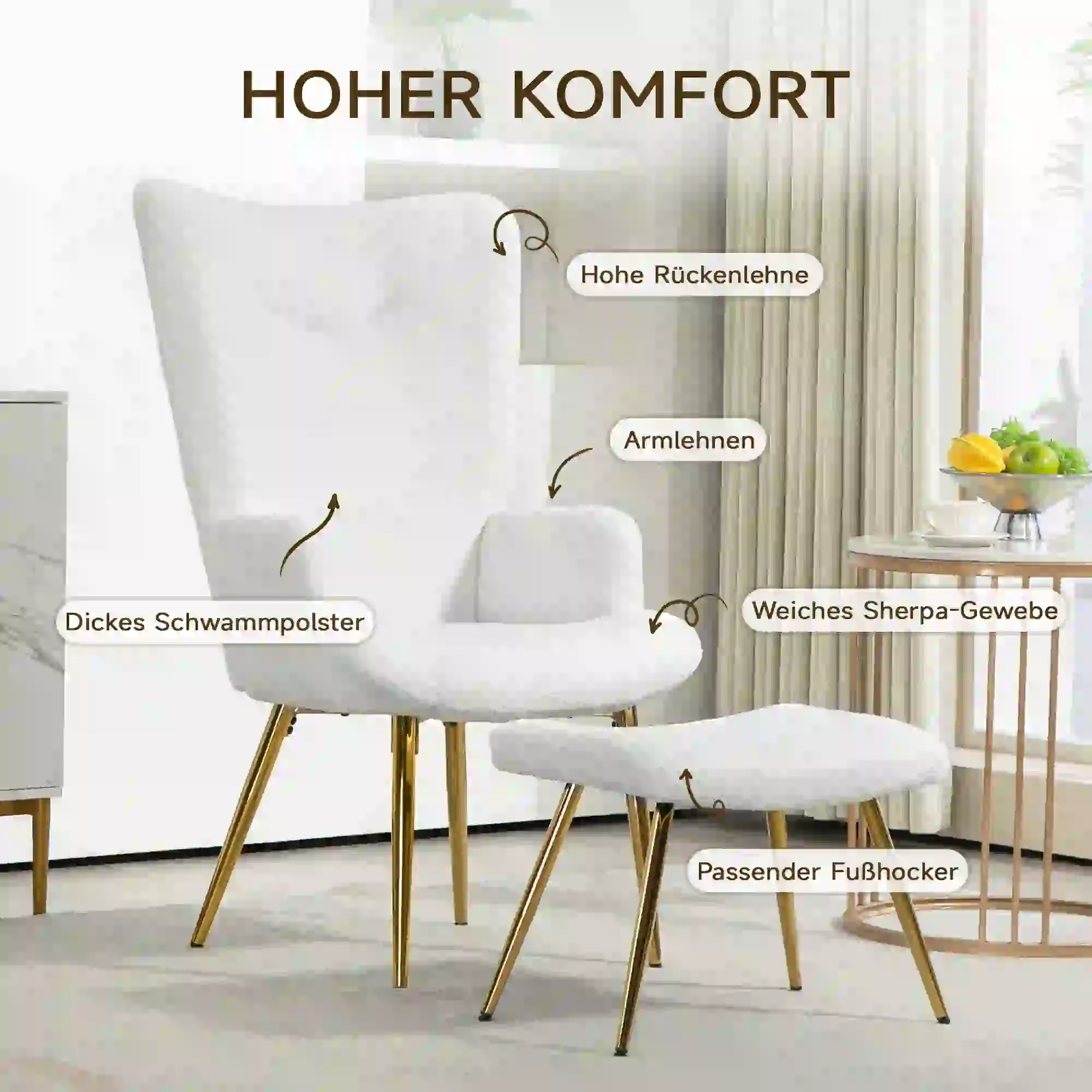HOMCOM Relaxsessel mit Hocker Sherpa-Bezug weiß goldene Beine