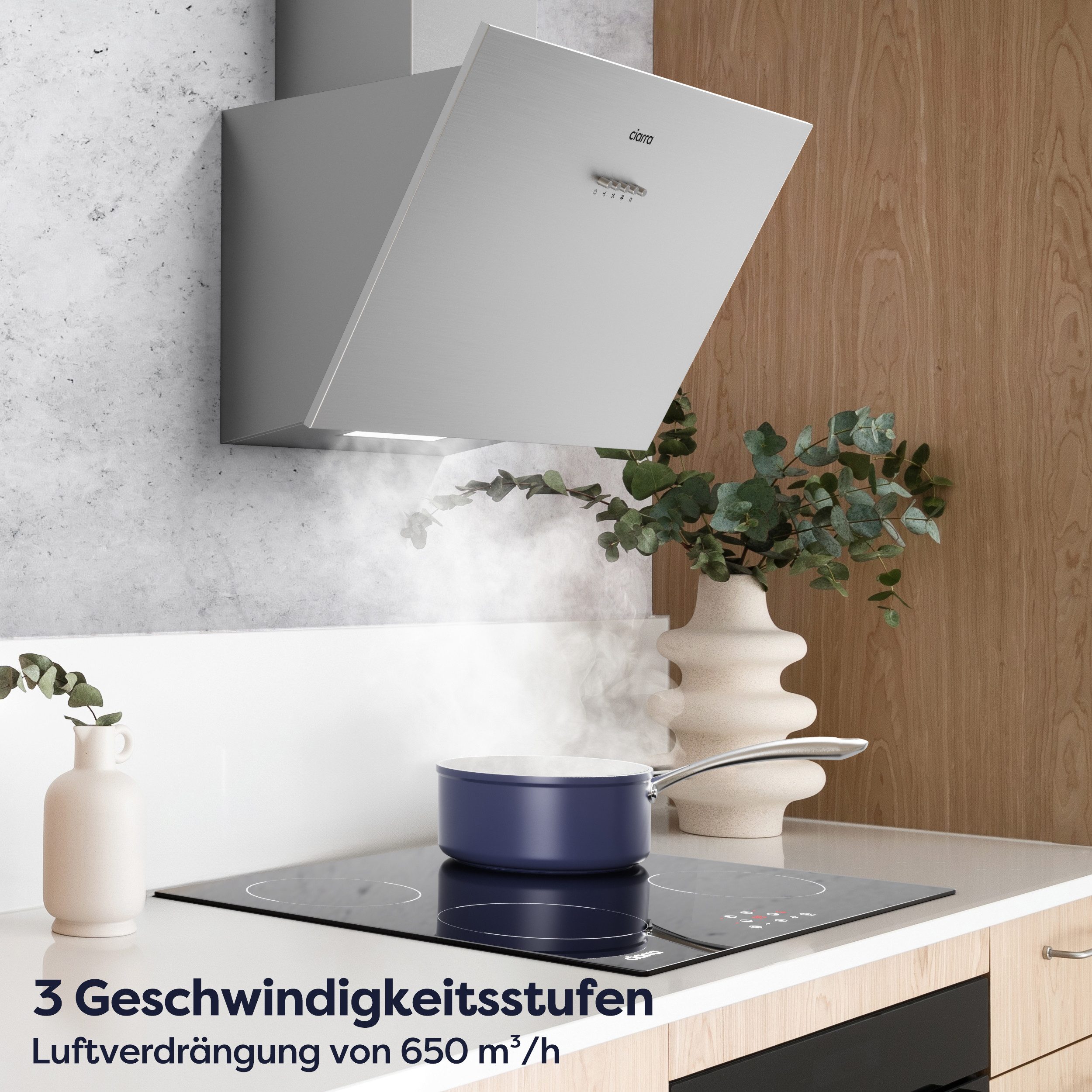 Kopffreihaube 60 cm A+++ 650m³/h Schräghaube Umluft & Abluft leise 63 dB VM6762AS