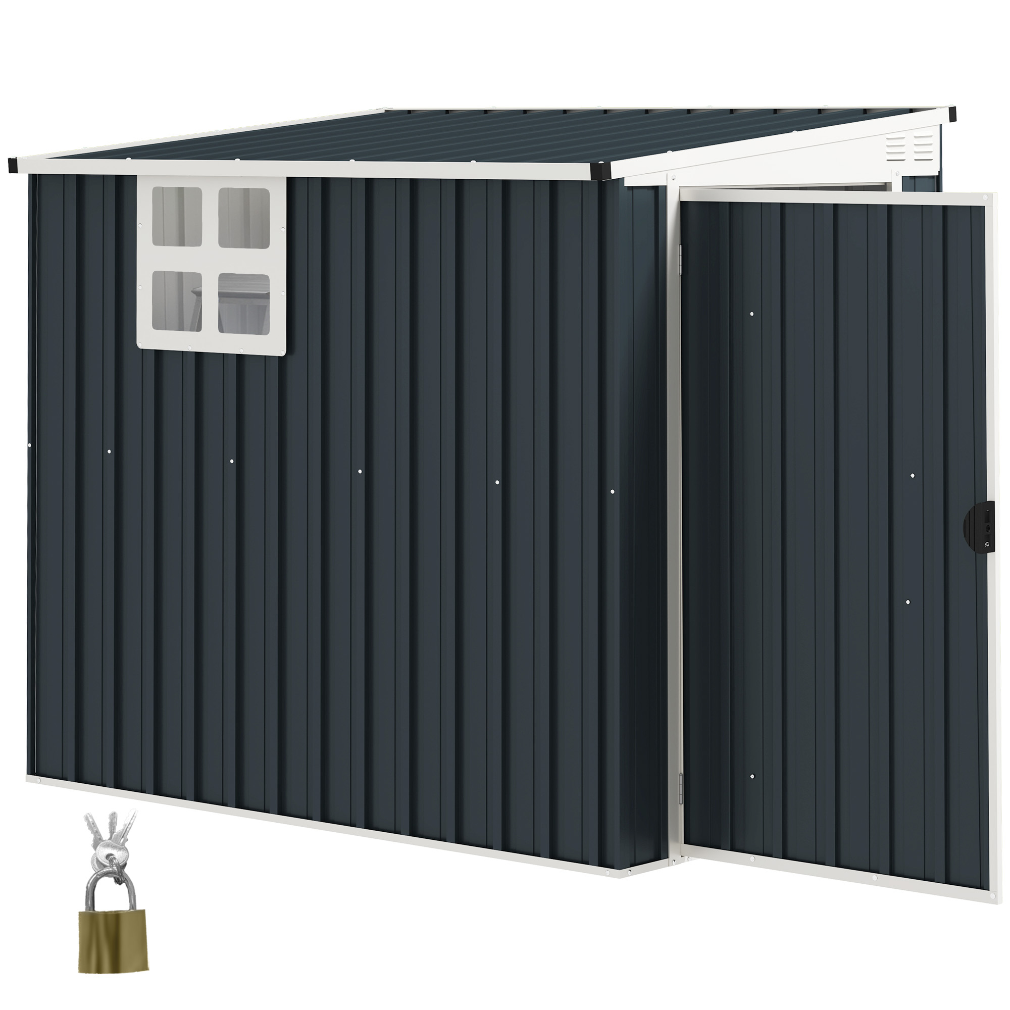 Outsunny Gartenlagerschuppen, Werkzeugschuppen für Gartengeräte, Fenster, Lüftungsöffnungen, abschließbar, Stahl, Dunkelgrau