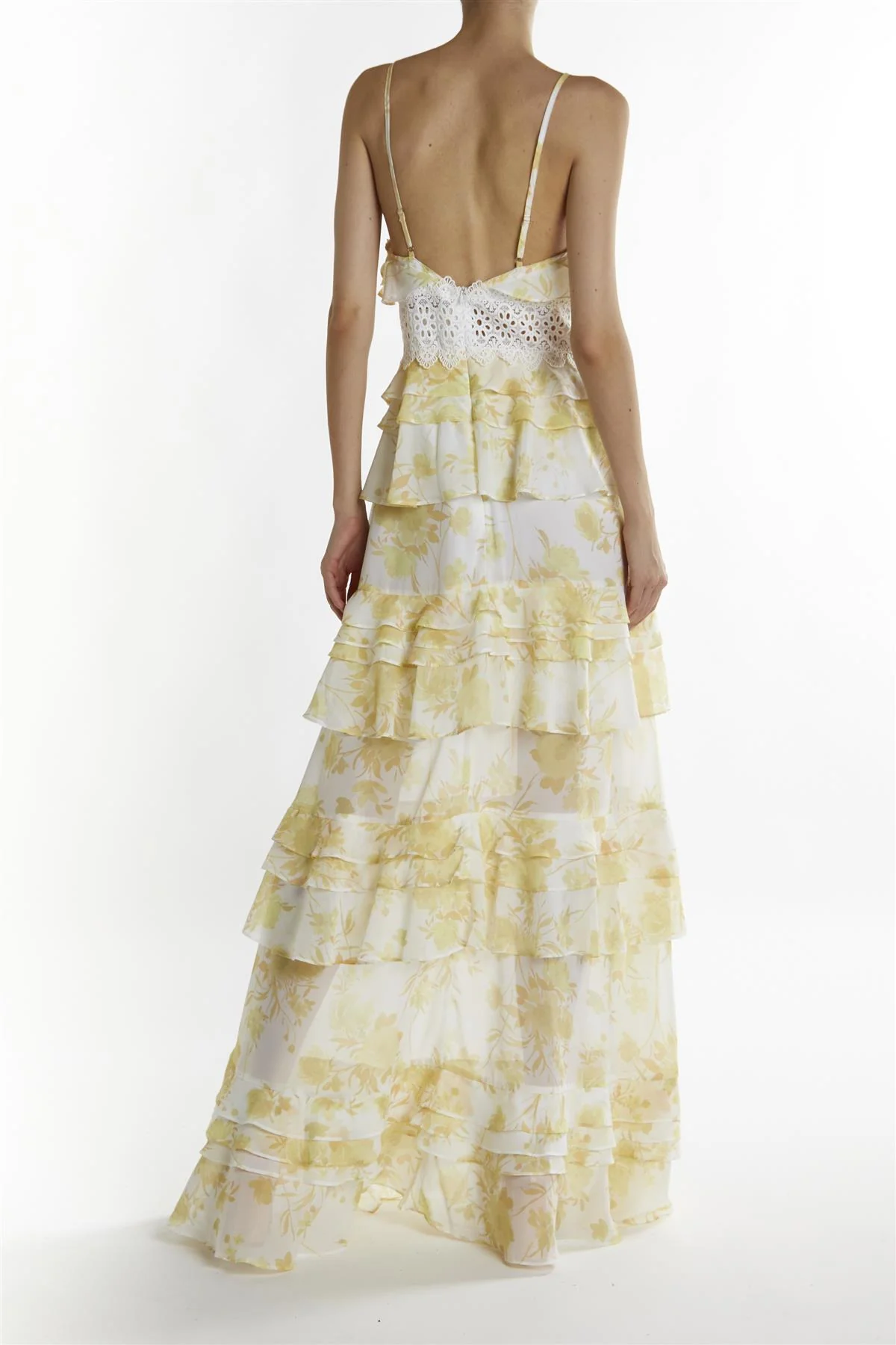 Yellow Watercolour-Floral Sophia Plunge Front Tiered Ruffle Maxi-Dress