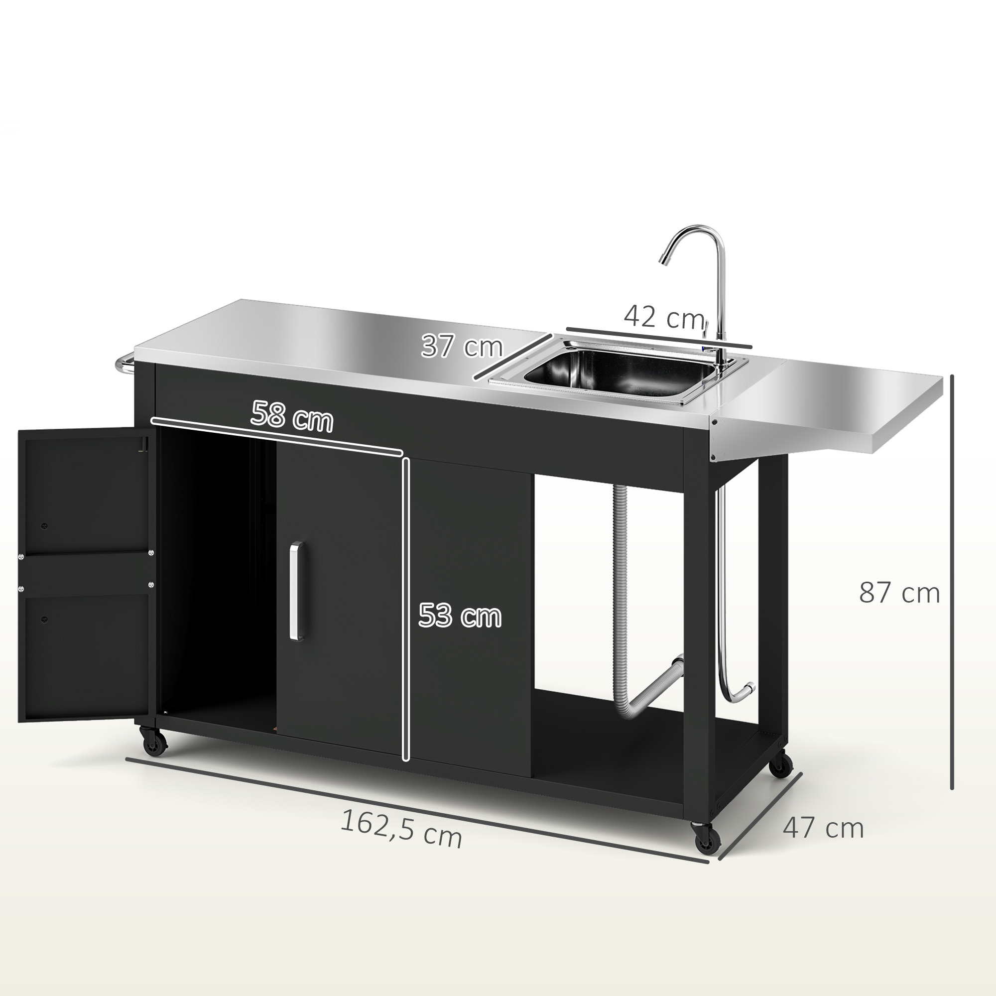 Outsunny Grillwagen Serveerwagen met Werkblad, Uitklapbare Zijplank, Kast, Spoelbak, Wielen, Roestvrij Staal 162,5x47x87cm Zwart