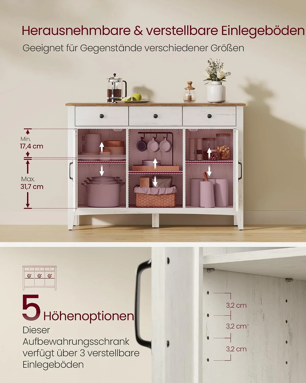 VASAGLE LIRY Sideboard mit Türen, Schubladen und Stauraum im Landhausstil