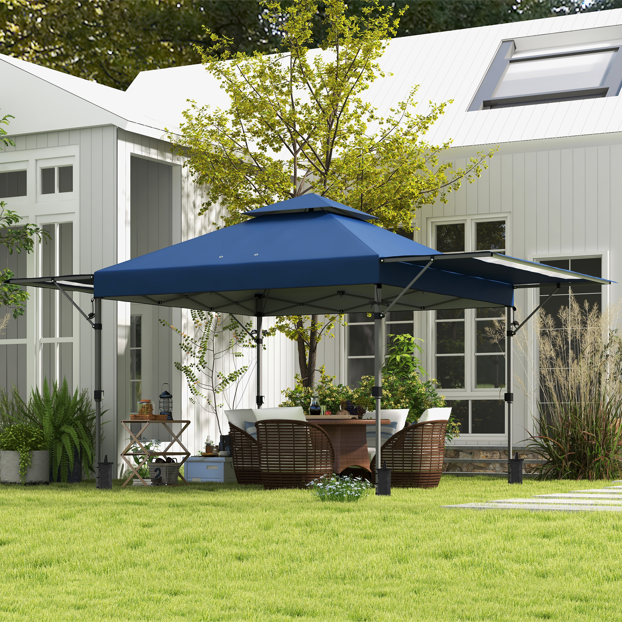 Outsunny Garten-Pop-Up-Pavillon Faltbar 5 x 3 m, Oxford-Gewebe mit 2 verstellbaren Seitenwänden, Transporttasche mit Rollen inklusive