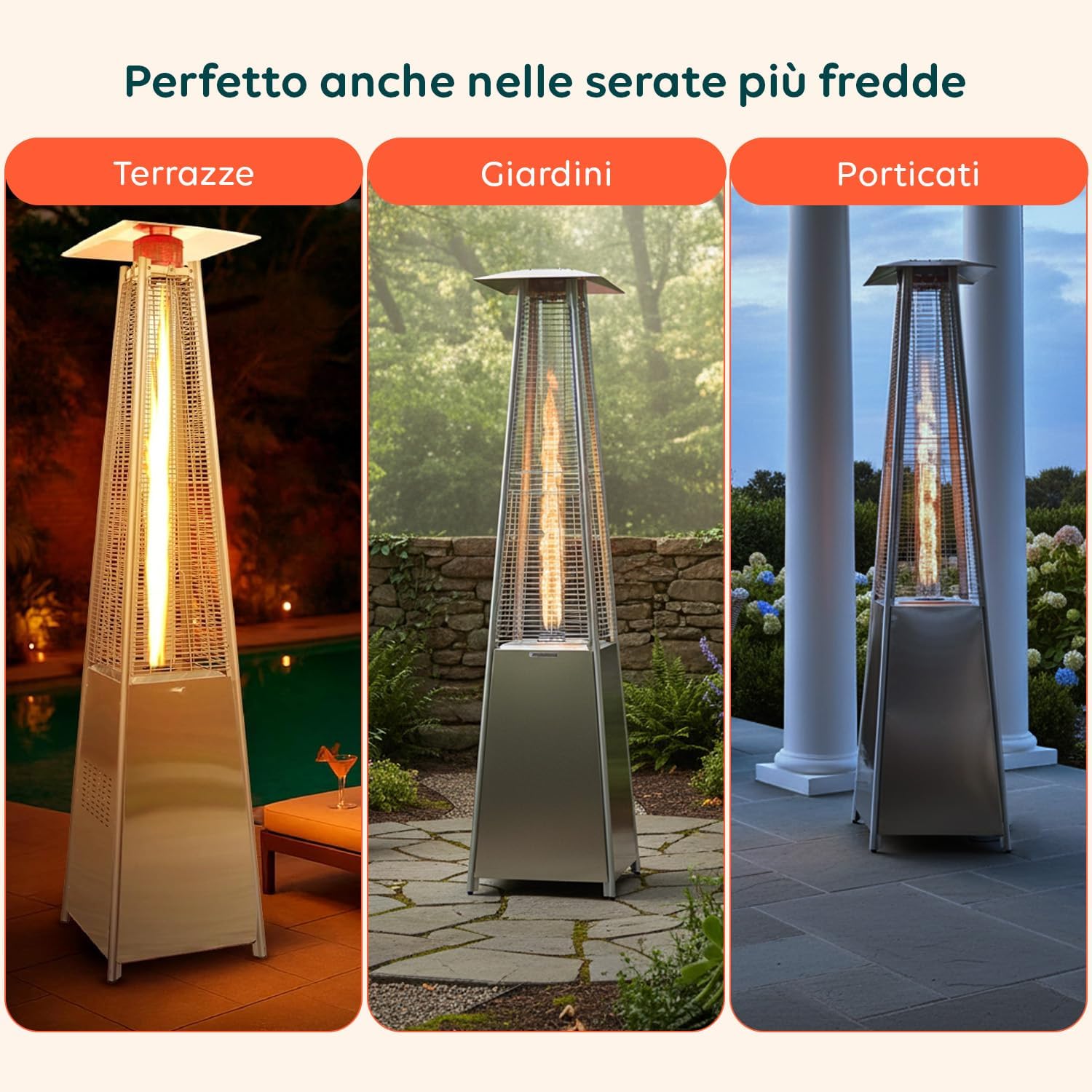 Wintem - Stufa a Gas da Esterno Aura a Piramide Grigia 12kW con Accensione Piezoelettrica e Termostato Regolabile per Terrazze e Giardini, Funzionamento con Bombola GPL o Butano, Design Moderno