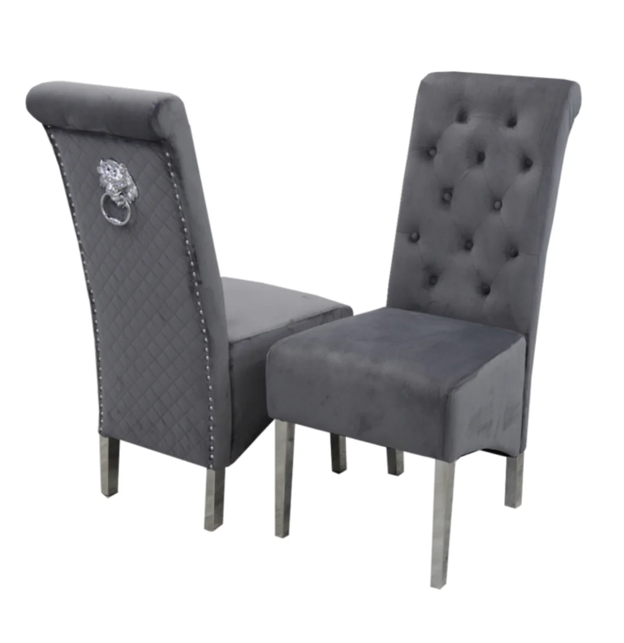 Arriana Marble Dining Table Light Grey  With Sofia Dark Grey Dining Chairs Lion knocker