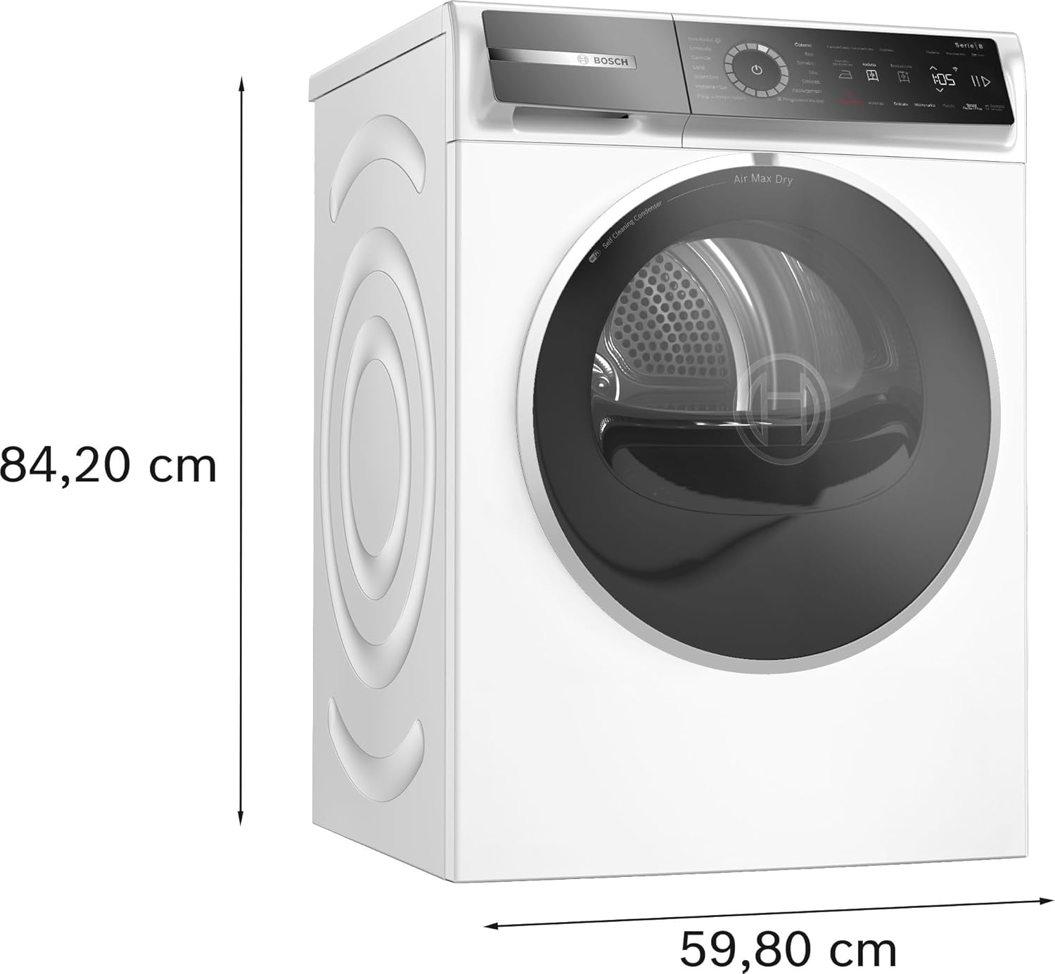 Bosch WRB247C0IT Serie 8 Asciugatrice smart a pompa di calore, 9 kg, Classe energetica A, Condensatore autopulente, Sensori di asciugatura intelligenti, Riduce le pieghe, Bianco, 60 Cm