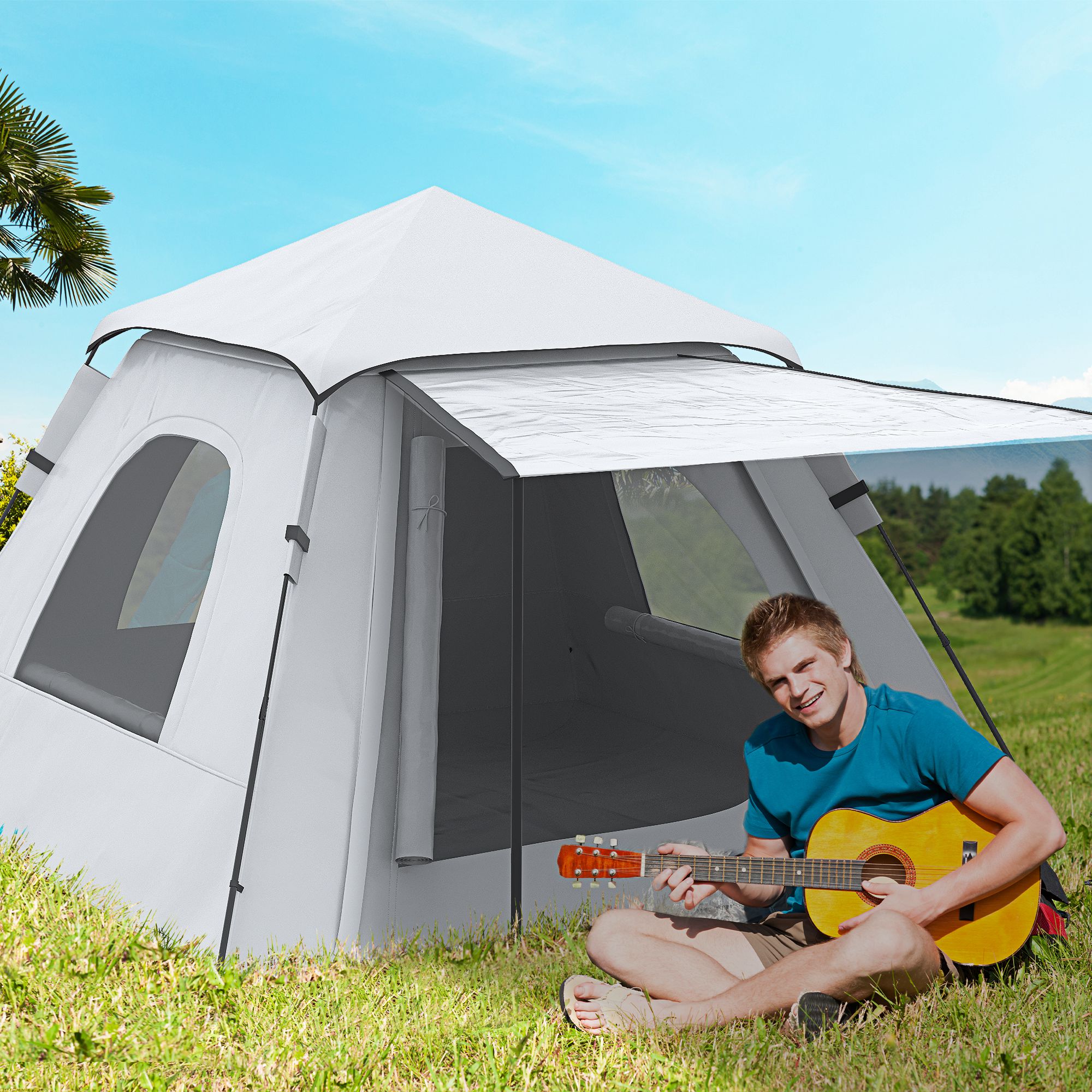 Outsunny Campingzelt Popup-Zelt mit Veranda für 2-3 Personen leicht wasserdicht belüftet Haken zur Aufhängung Transporttasche