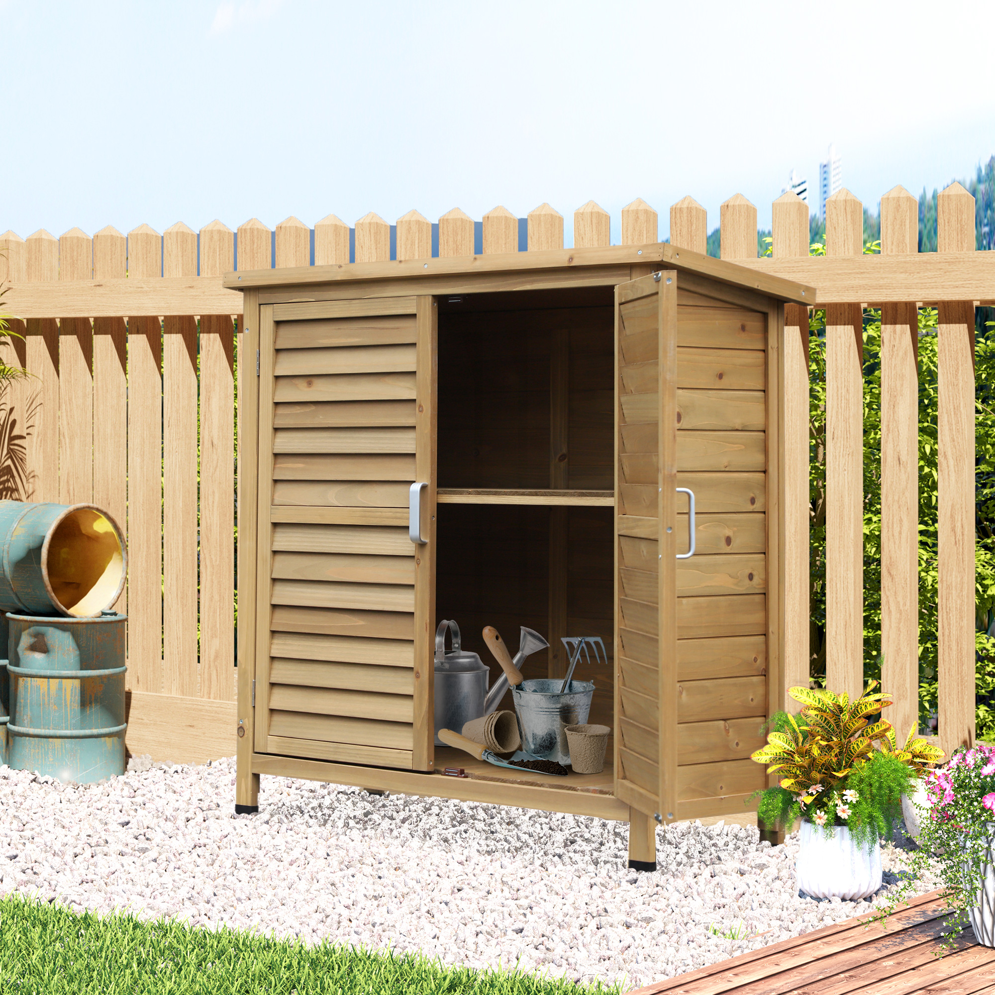 Outsunny Gartenschrank Holz Gerätehaus Geräteschuppen Geräteschrank Holzhütte Pultdach Bitumenpappe Lamellentüren Natur 87 x 46,5 x 96,5 cm
