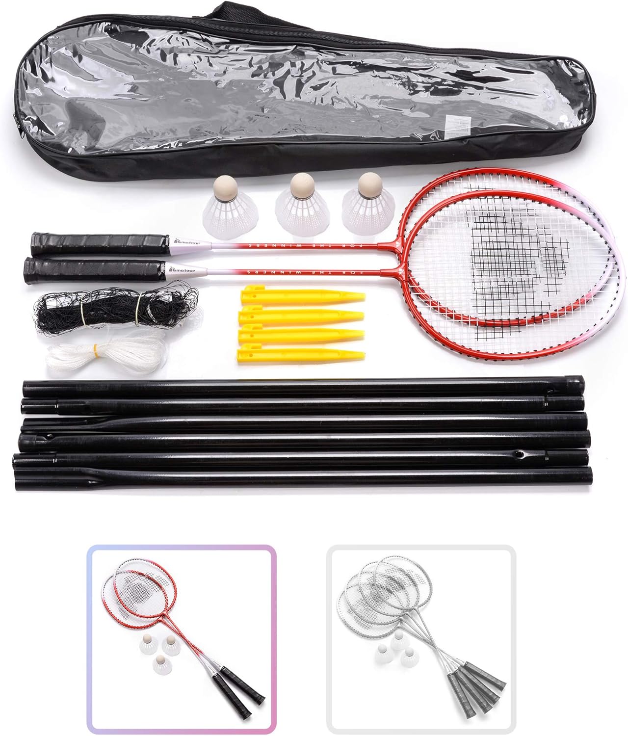 Set Badminton per 2 o 4 Giocatori - Racchette 3 Volani 1 Rete - Set Perfetto per Bambini Ragazzi e Adulti - per Tutta Famiglia - Spiaggia Giardino Vacanza
