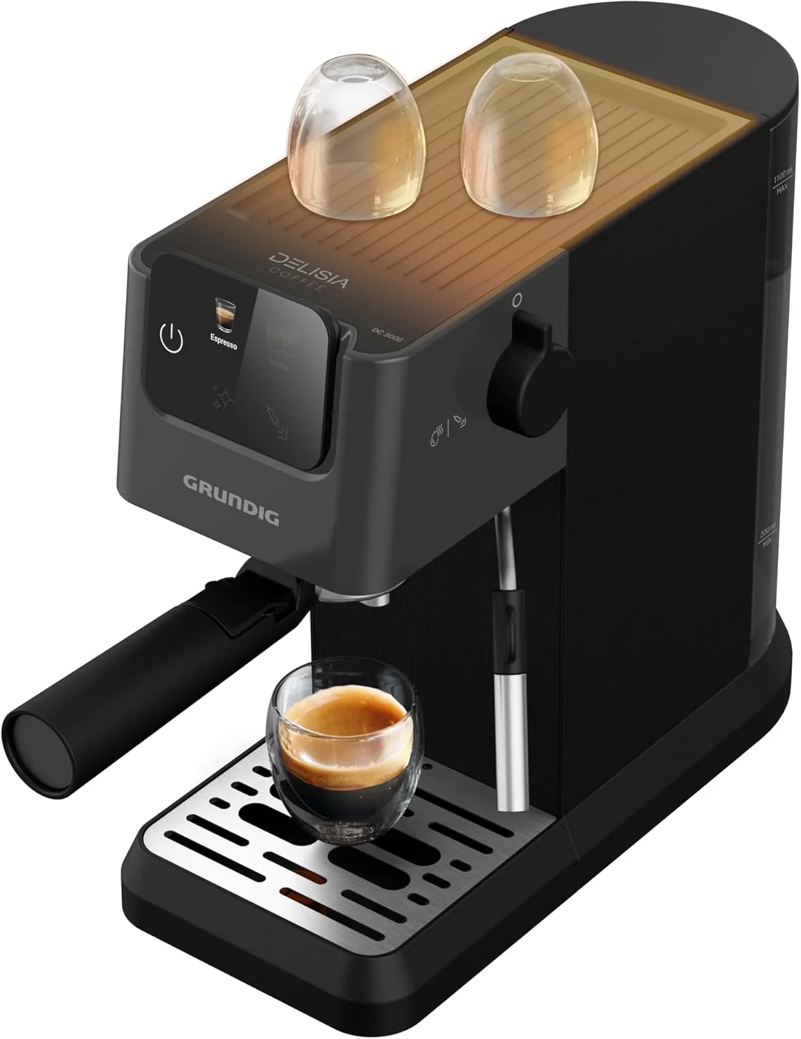 GRUNDIG KSM 5330 Espressomachine met ge?ntegreerd melkreservoir, 1628 W vermogen, 15 bar pompdruk, dubbele tuit, kleuren-touchscreen, BrewSense, CreamyPro, donker inox/zwart