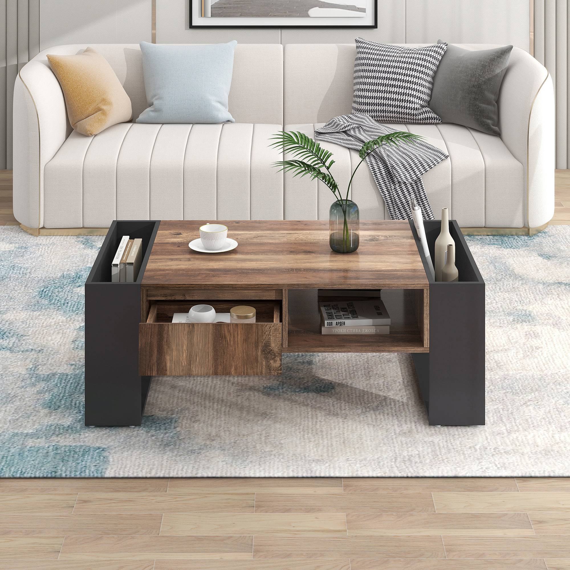 Couchtisch mit Holzmaserung, grifflose Schublade und doppelseitigem Stauraum, anthrazit, Schwarz + Grau