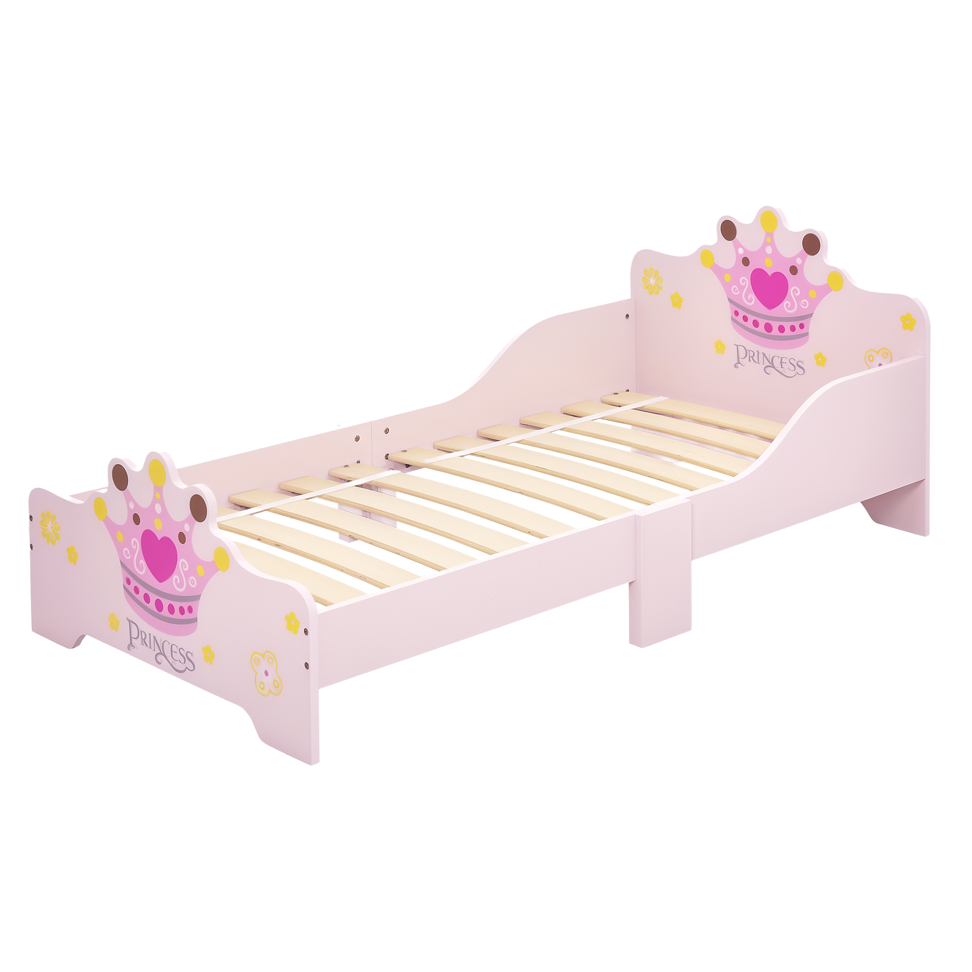 HOMCOM Kinderbett mit Prinzessinnen-Motiv mit Rausfallschutz für 3–6 Jahre, Mädchenbett, Holzbett für Kinderzimmer, Pappelholz, 143 x 73 x 60 cm