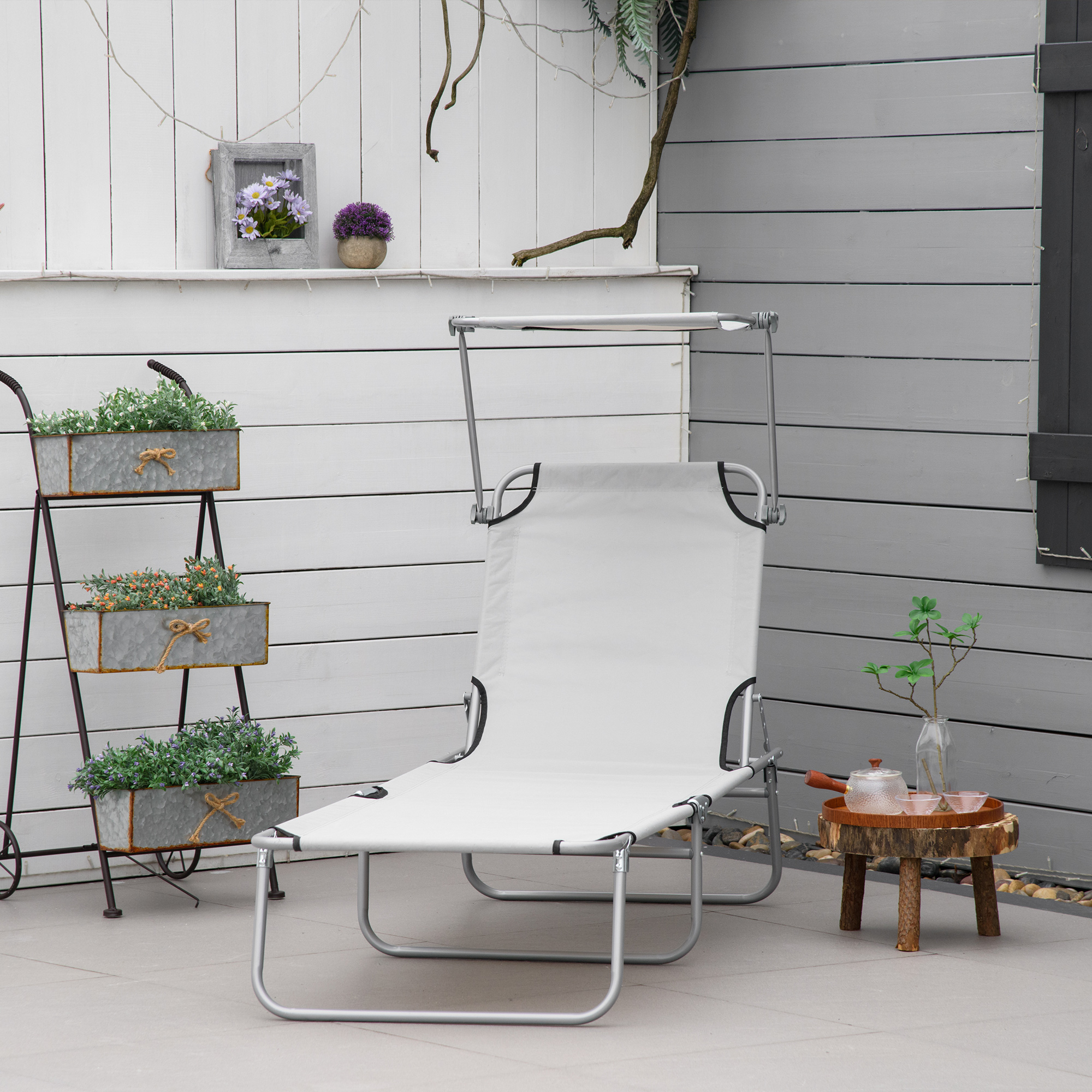 Outsunny Sonnenliege, Gartenliege, Wellnessliege, Strandliege, klappbar, mit Sonnenschutz, 187 x 58 x 36 cm, Grau