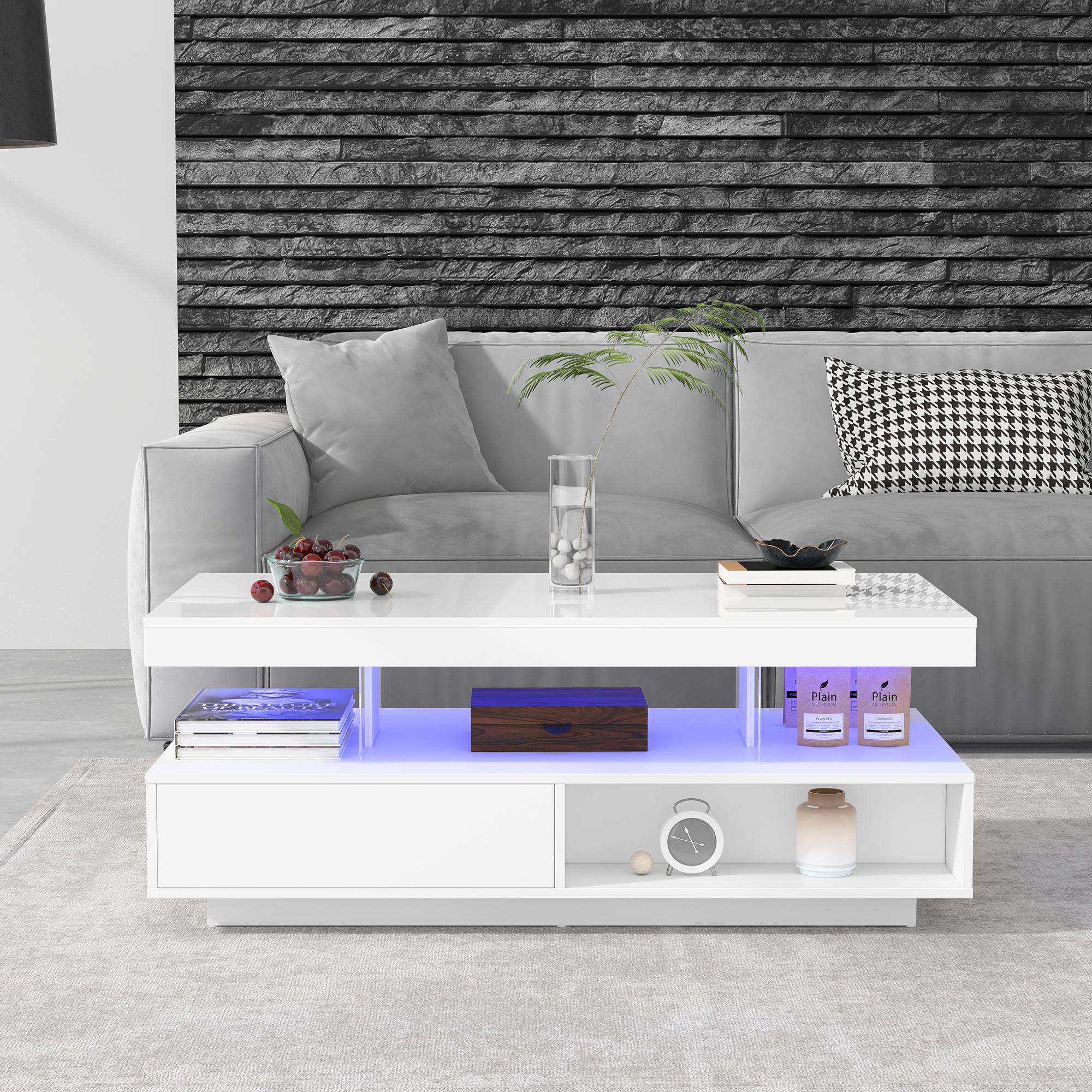 Weißer Hochglanz-Couchtisch mit 4 Glaseinsätzen, 2 Schubladen und 2 offenen Fächern, Weiß