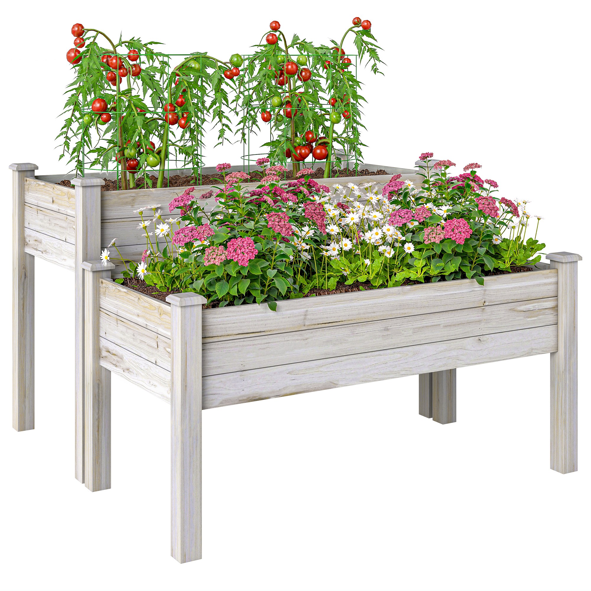 Outsunny Hochbeet Pflanzenbeet Blumenkasten, 2 Pflanzkästen, Massivholz, 115 cm x 114 cm x 76 cm, Natur
