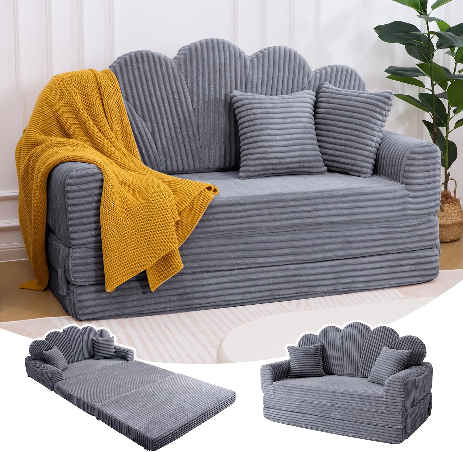 IRONCK Schlafsofa 2-Sitzer Sofa mit Schlaffunktion Boneless Sofa Bed aus Cord & Schaum, Sofabett 153x267cm, Bettsofa für Wohnzimmer Schlafzimmer, Grau