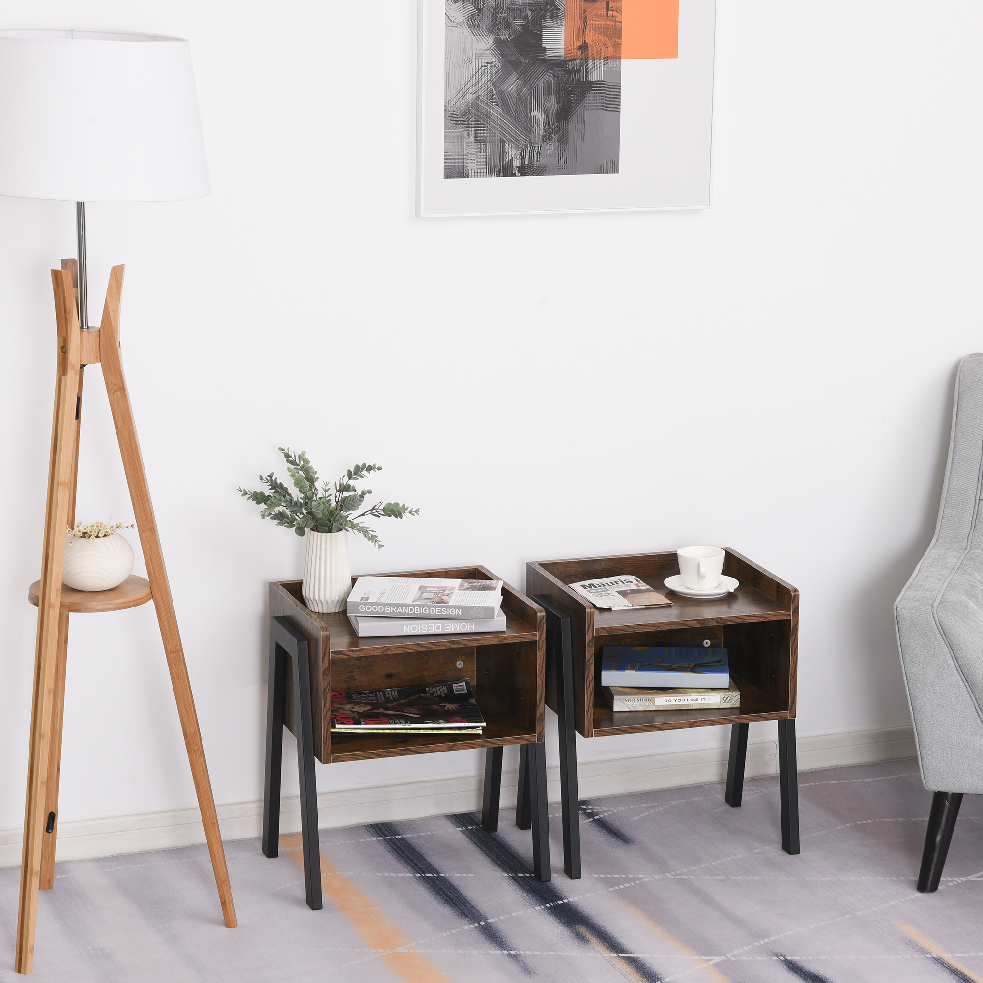 HOMCOM Set mit 2 stapelbaren Nachttischen Nachtkonsolen aus Holz Beistelltisch im industriellen Stil 46 x 35 x 52,5 cm Braun Rustikal und Schwarz