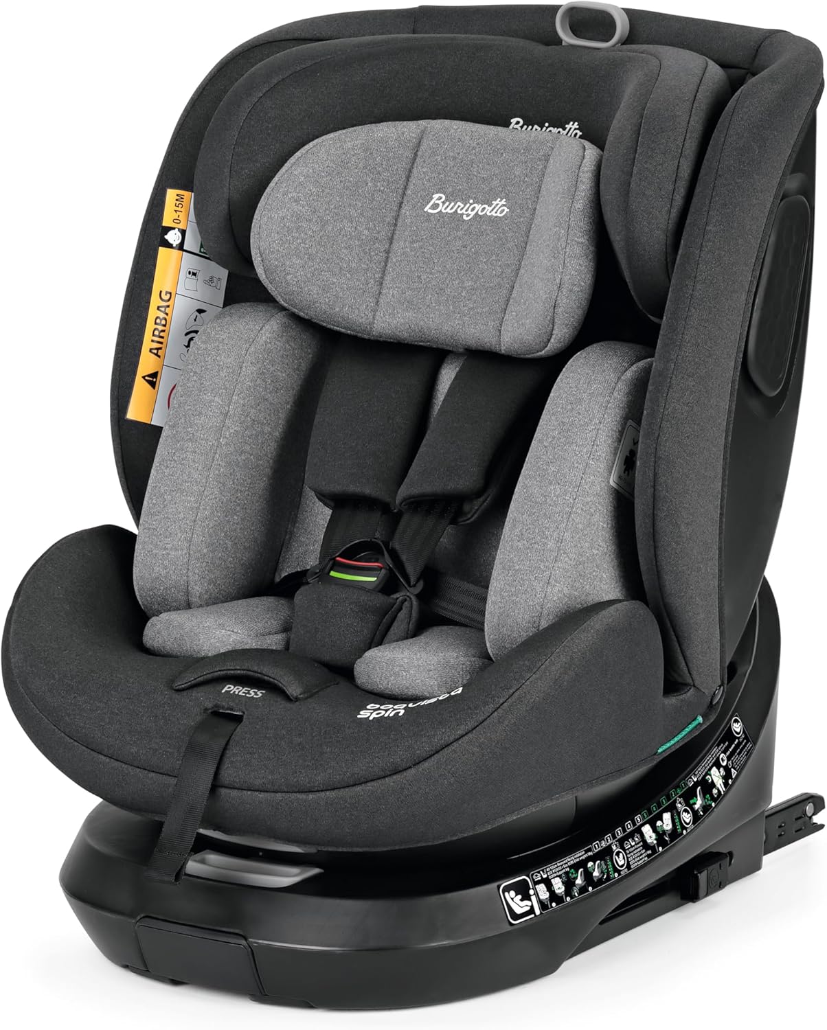 BURIGOTTO BOAVISTA SPIN BLACK & GREY è il seggiolino auto girevole All-In-One omologato i-Size ECE R129/03 per bambini dalla nascita fino 150 cm di altezza (0-12 anni).