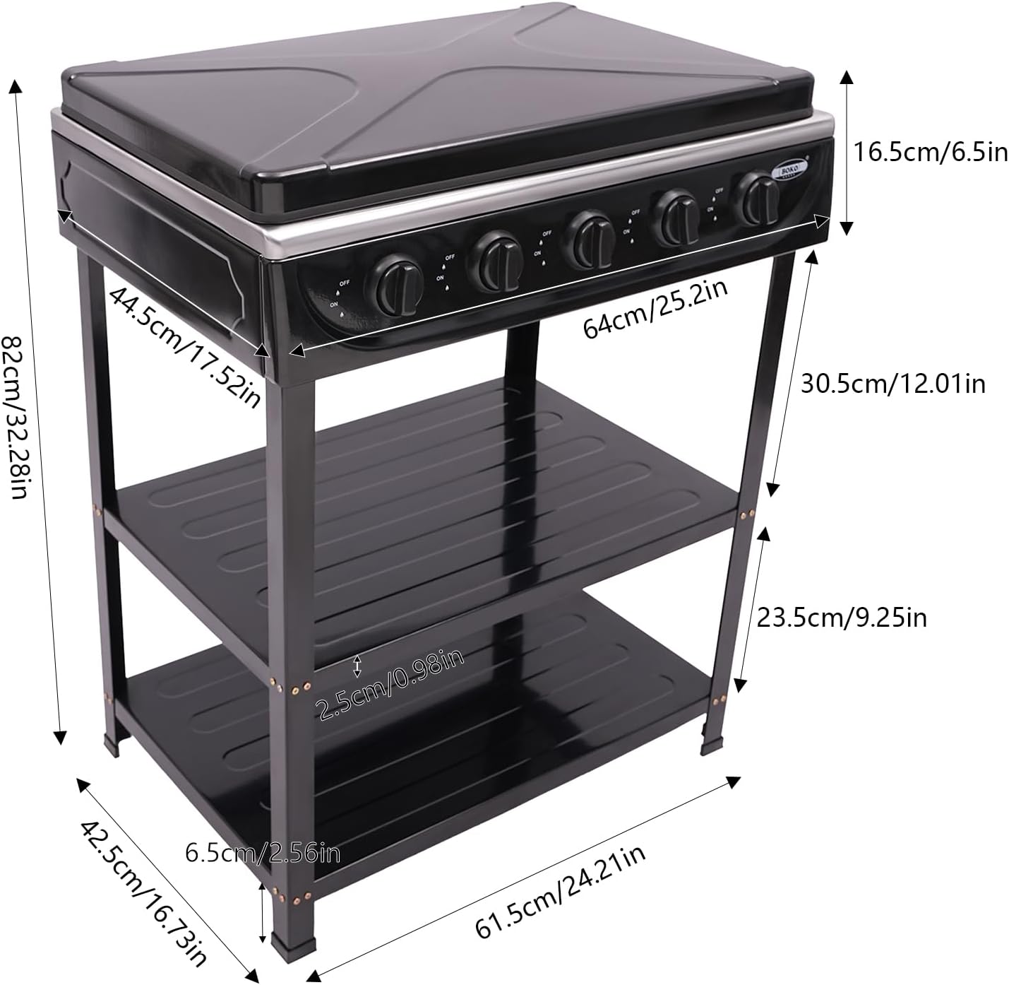 HarBin-Star Piano Cottura a Gas 5 Fuochi con Supporto Antiscivolo, Carrello per Barbecue con Coperchio, Fornello Indipendente da Campeggio, 61,5 x 42,5 x 82 cm (Nero)