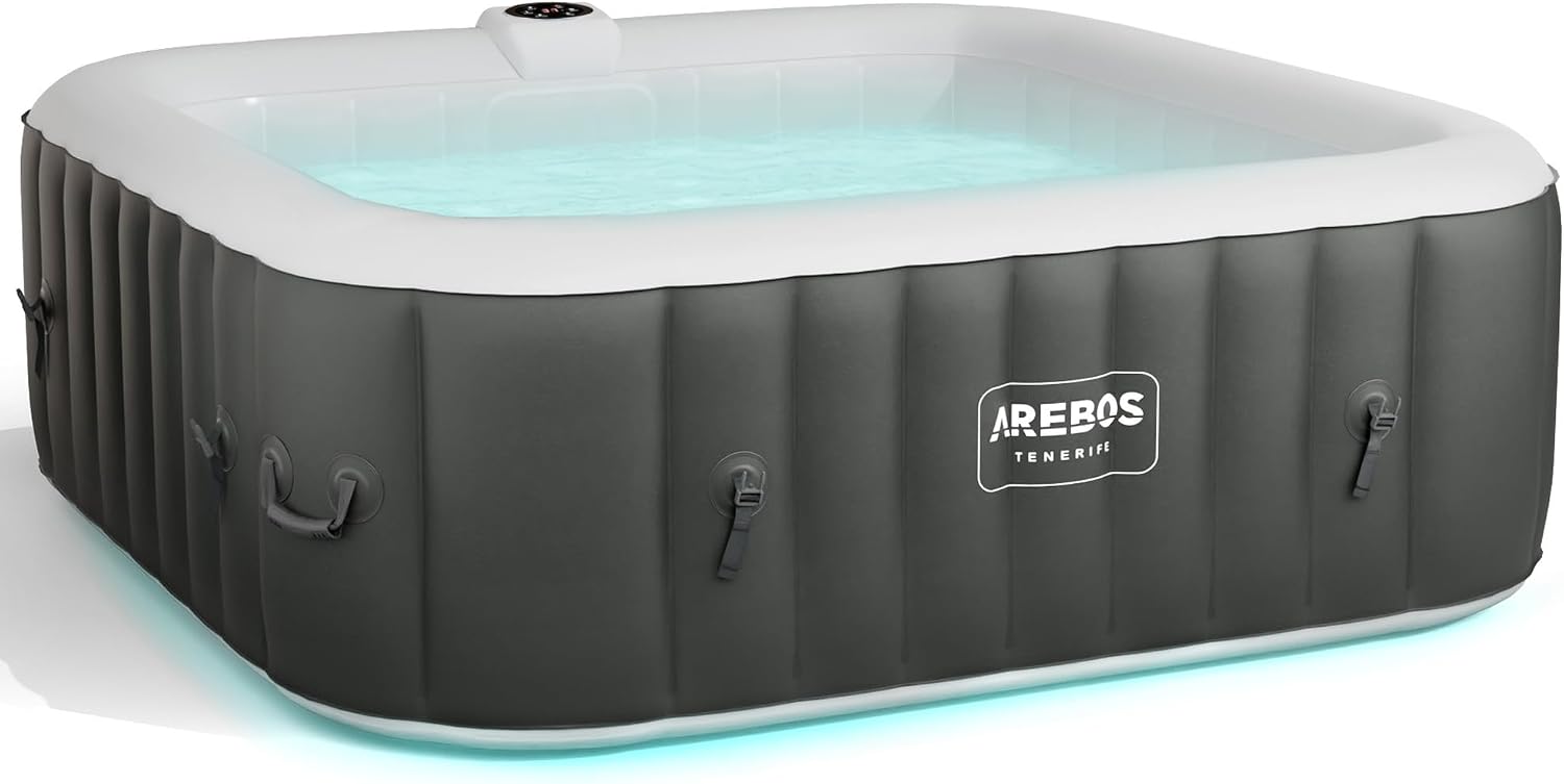 Arebos Vasca idromassaggio gonfiabile | 185x185cm | Gonfiabile automatico | 6 persone | striscia luminosa LED | 130 getti massaggianti | 910 litri | incl. copertura | Bubble Spa & Wellness Massaggio