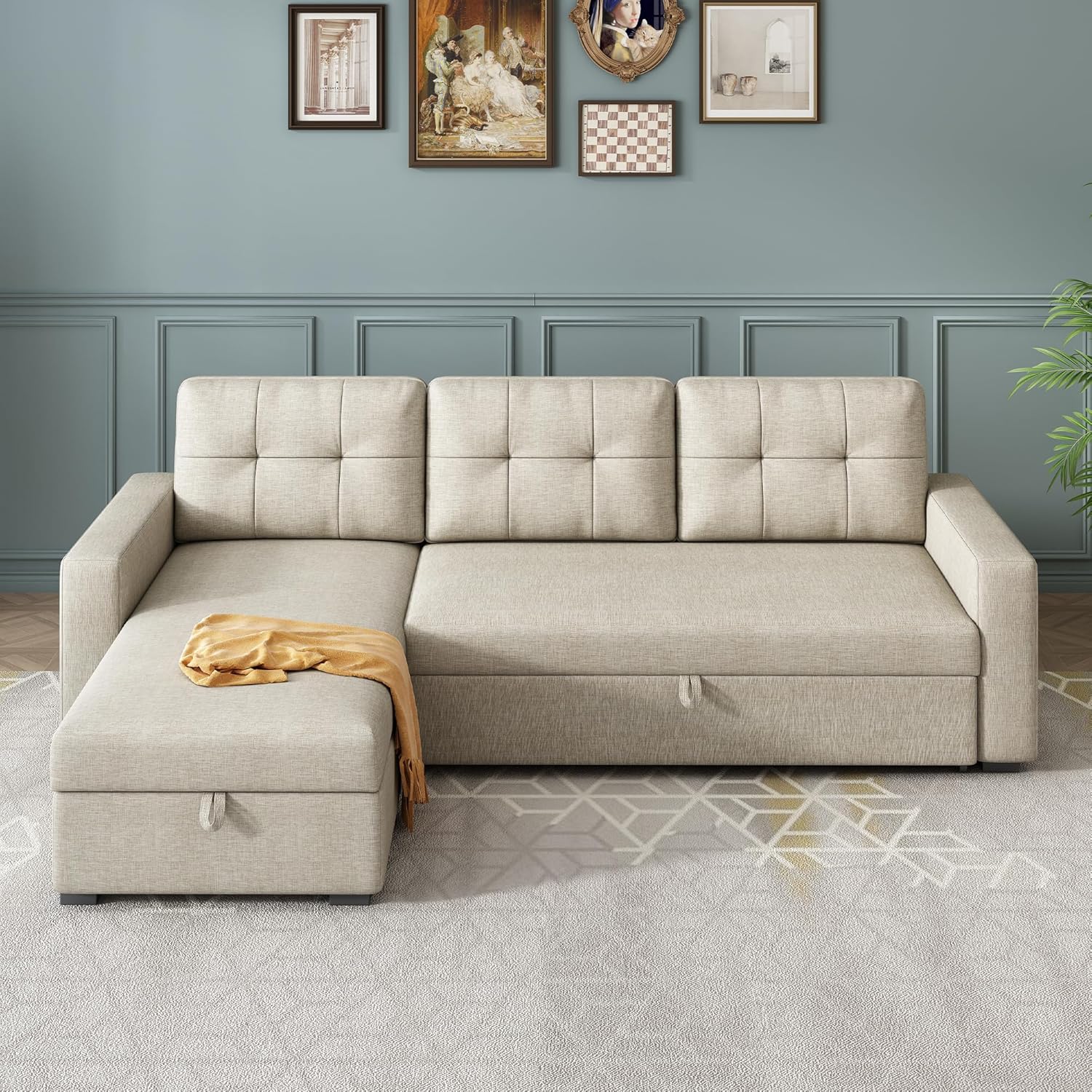 Sleeper Sofa Couch with Pull Out Bed L Shaped Sectional with Storage Reversible Chaise