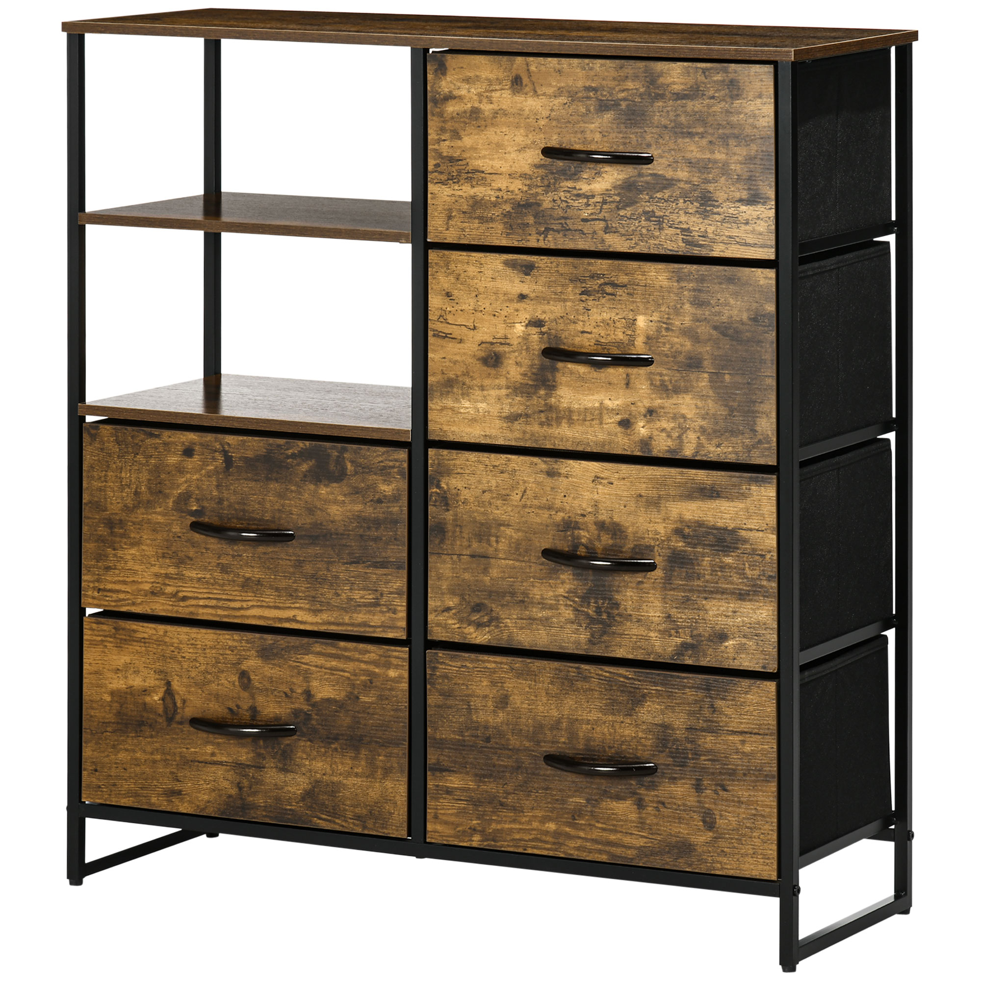 HOMCOM Kommode mit sechs Schubladen, offene Regale, MDF und Stahl, 84x30x92 cm, Braun/Schwarz, verstellbare Füße