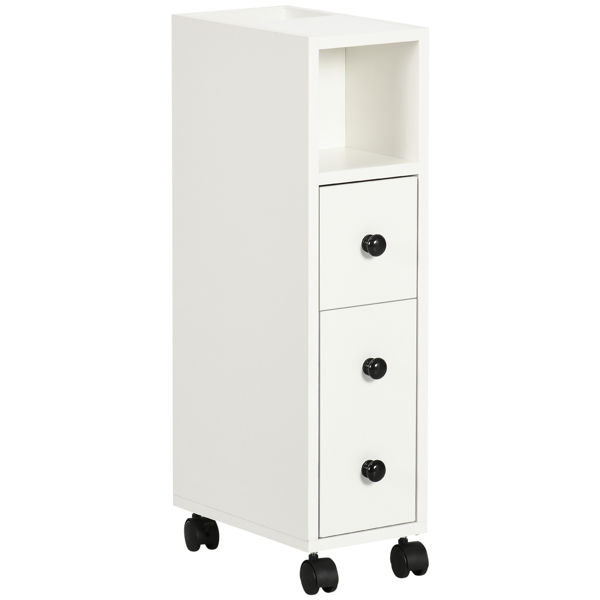 kleankin Badschrank Badezimmerschrank Badregal Kommode Standschrank zwei Schubfächer offenes Fach vier Räder Spanplatte Weiß 18x30x68,5 cm