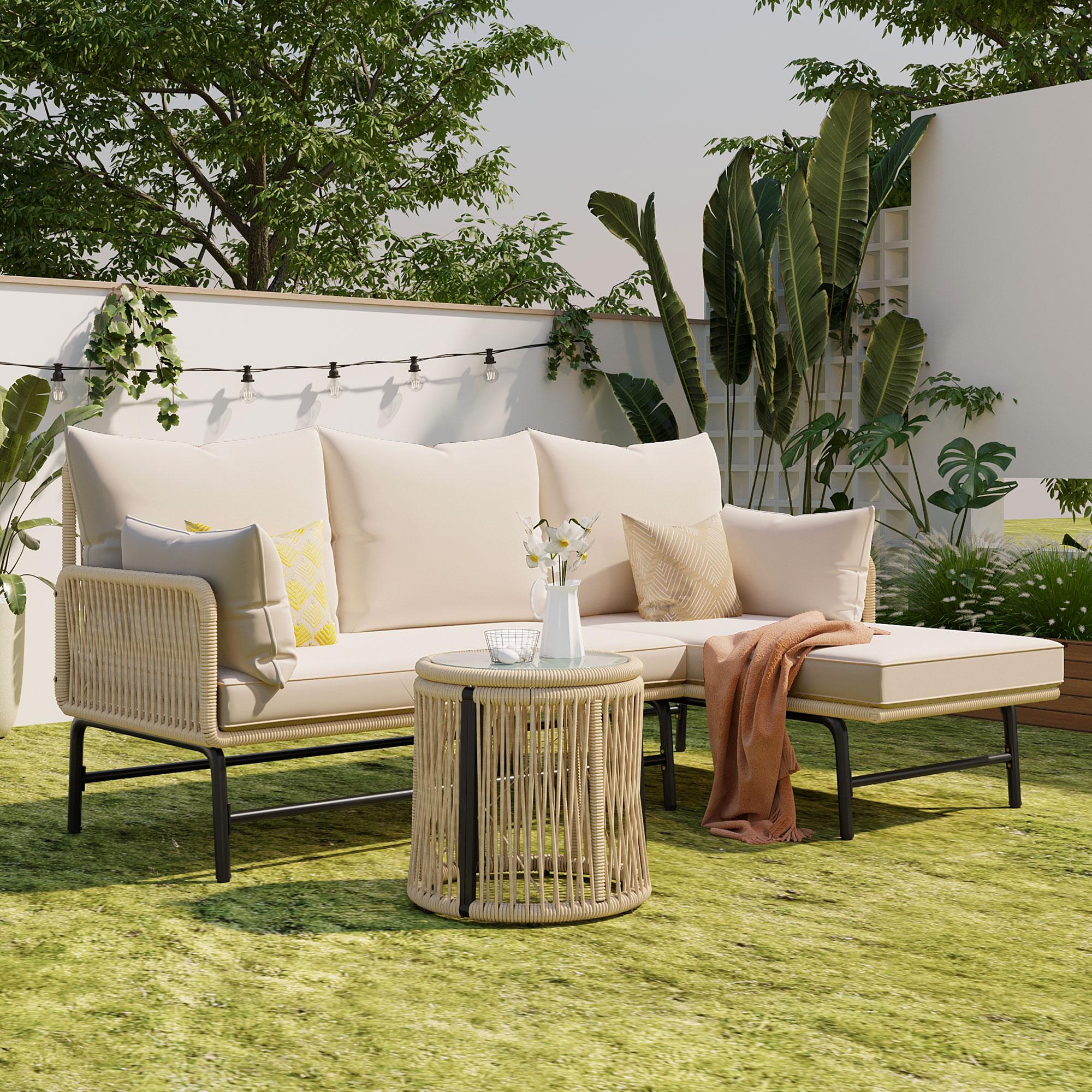 Loungemöbel - Handgezogenes Seil Sofa Set, Metallgestell, L-förmiges Design für Garten, Beige