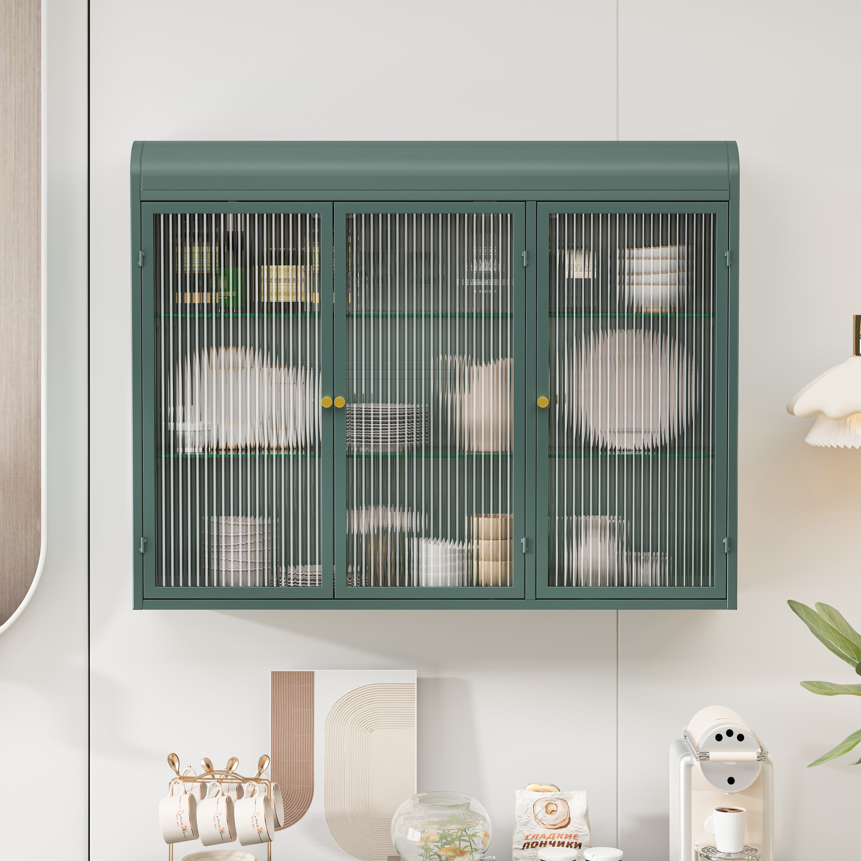 Badezimmerschrank hängend mit 3 Türen und Glasfront, 90x20x70 cm, perfekt fürs Badezimmer, Dunkelgrün