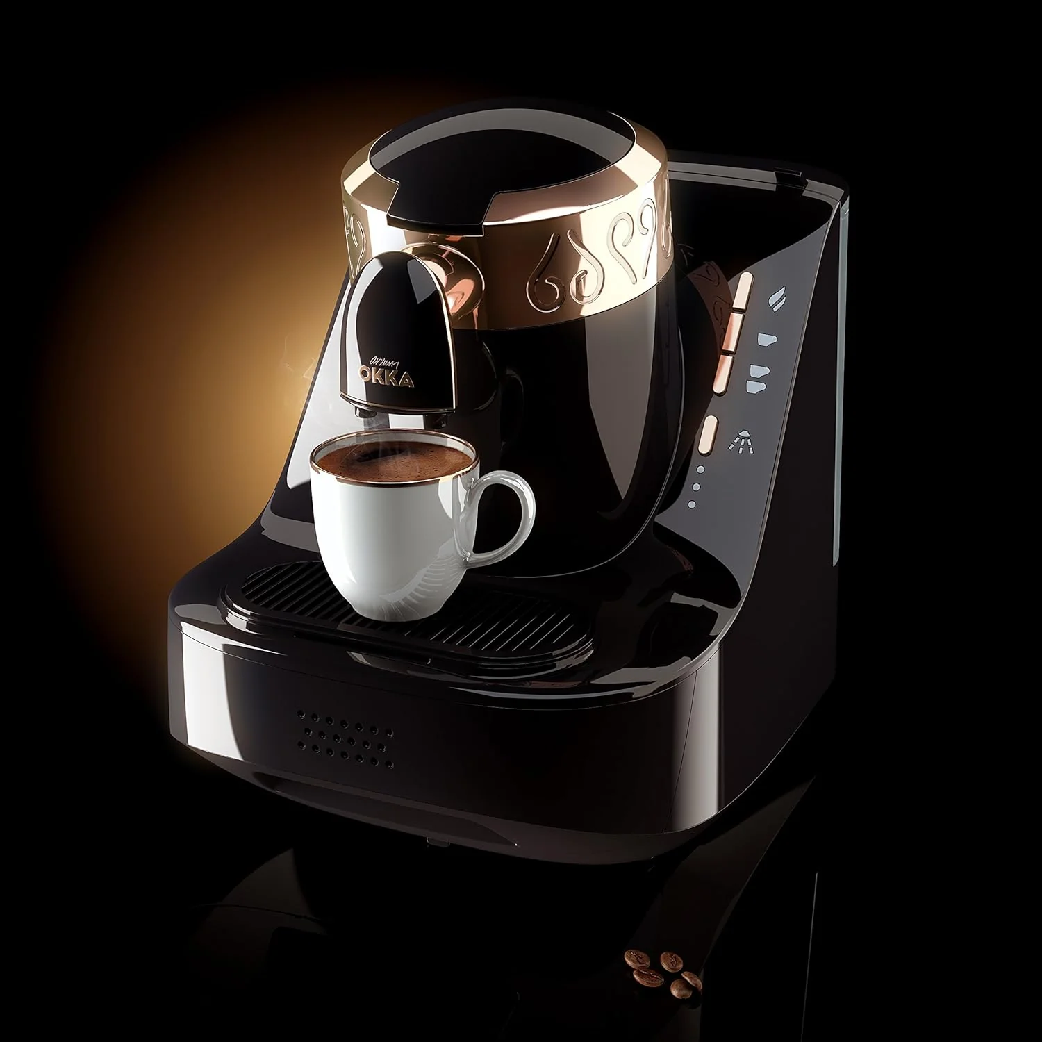 Arzum Okka Turkse koffiemachine, volautomatisch, 3 kopmaten, zelfreinigingsfunctie, watertank van 950 ml, overloopbeveiligingssensor, compact ontwerp, zwart-goud