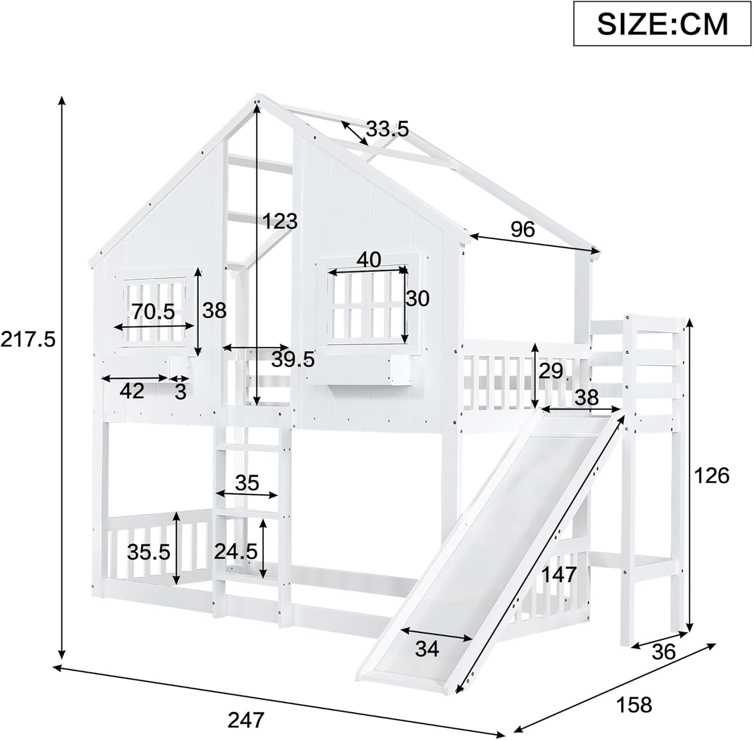 Etagenbett Kinderbett 90x200, Hochbett Hausbett für 2 Kinder, Stockbett mit Rutsche&Leiter&Fenstern&Dach&Aufbewahrungsbox, Doppelbett Holzbett mit Lattenrost&Rausfallschutz, Kiefer, Ohne Matratze,Weiß