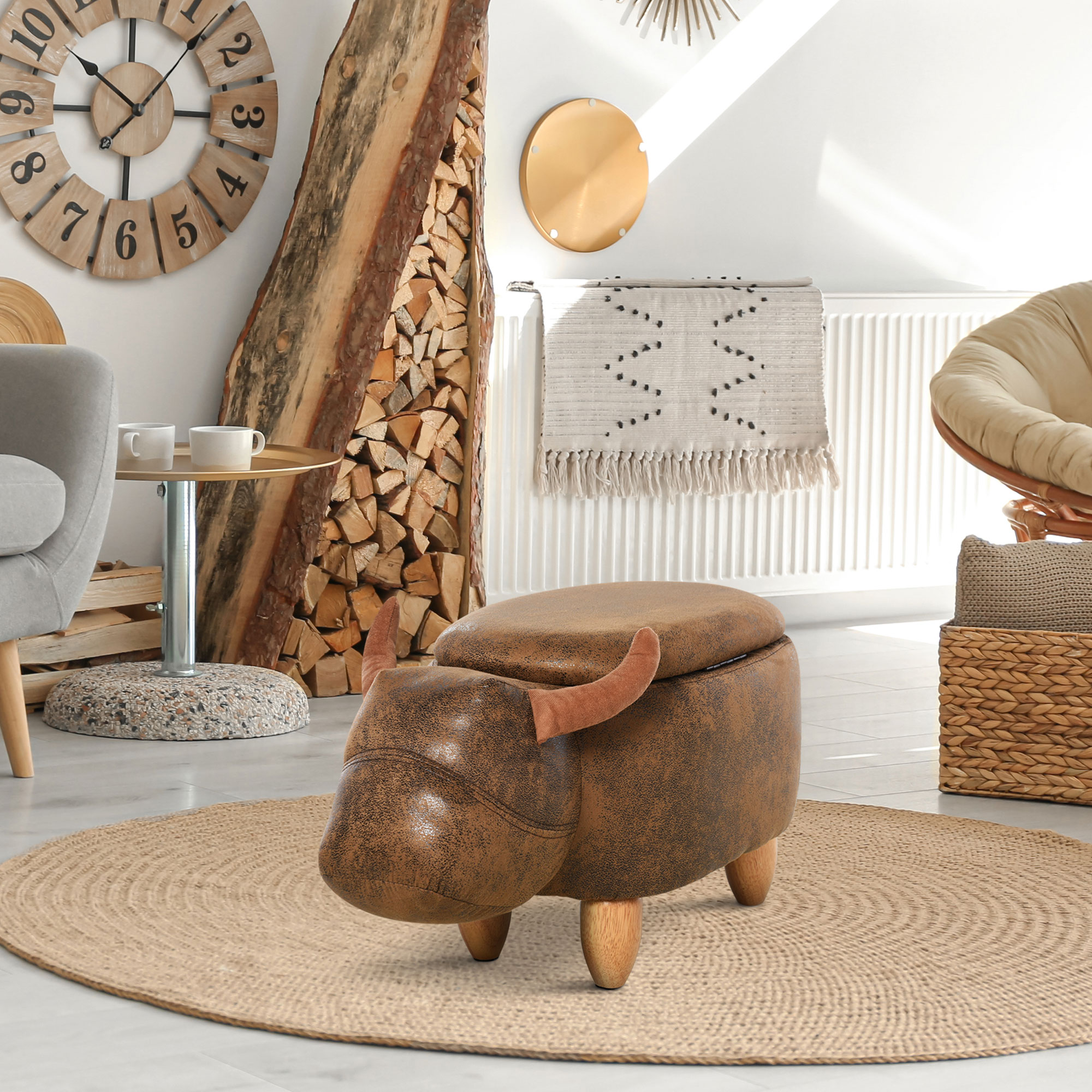 HOMCOM Kuhhocker - Kuhhocker - Stierhocker 2-in-1 mit Stauraum - Kautschukholzbeine Kunstleder Veloursleder-Look braun