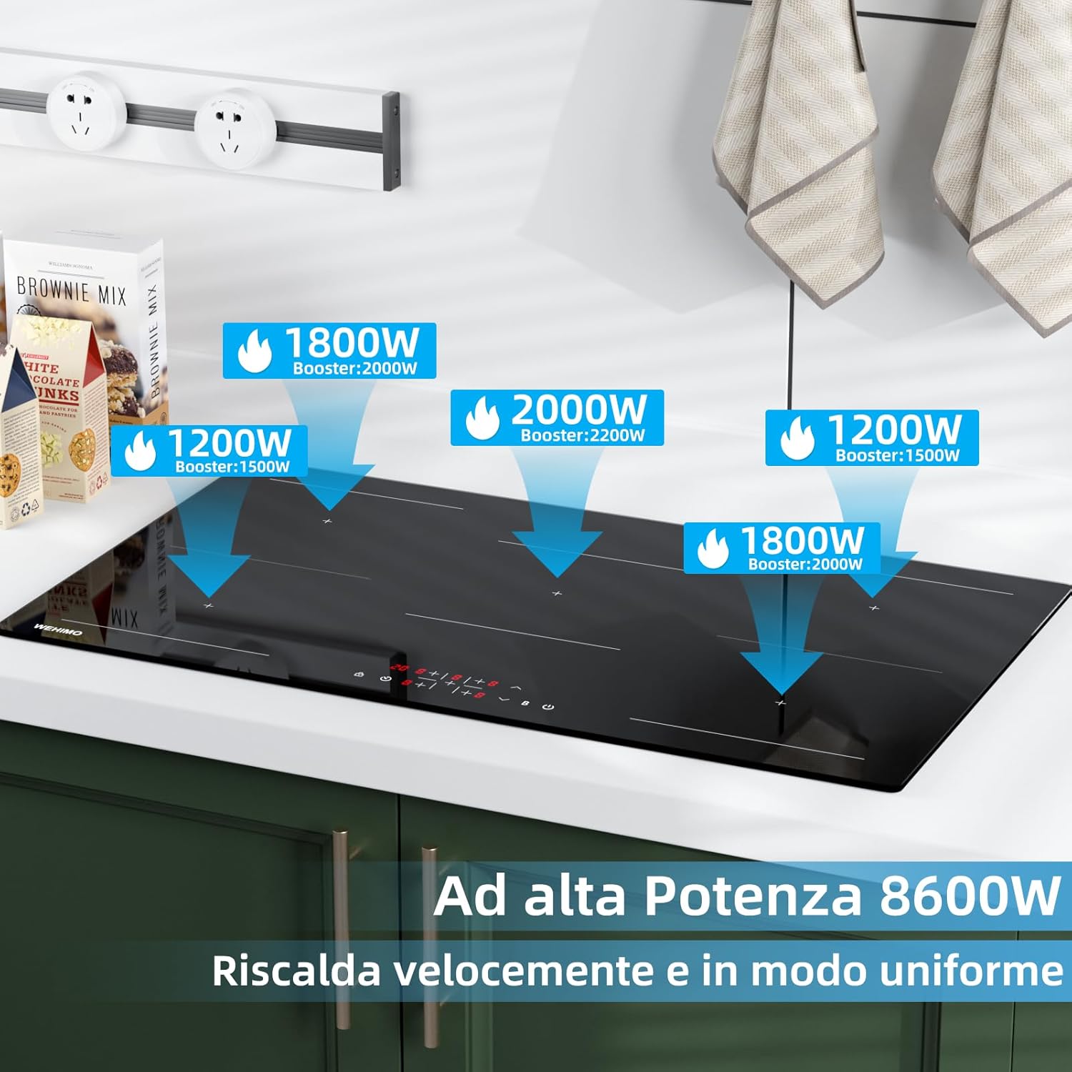 Piano cottura a induzione 5 Fuochi da Incasso, Piastra a Induzione 8600W, Piano Cottura 90cm, 9 Livelli di Potenza, Booster, Timer, Nero, 5 Zone