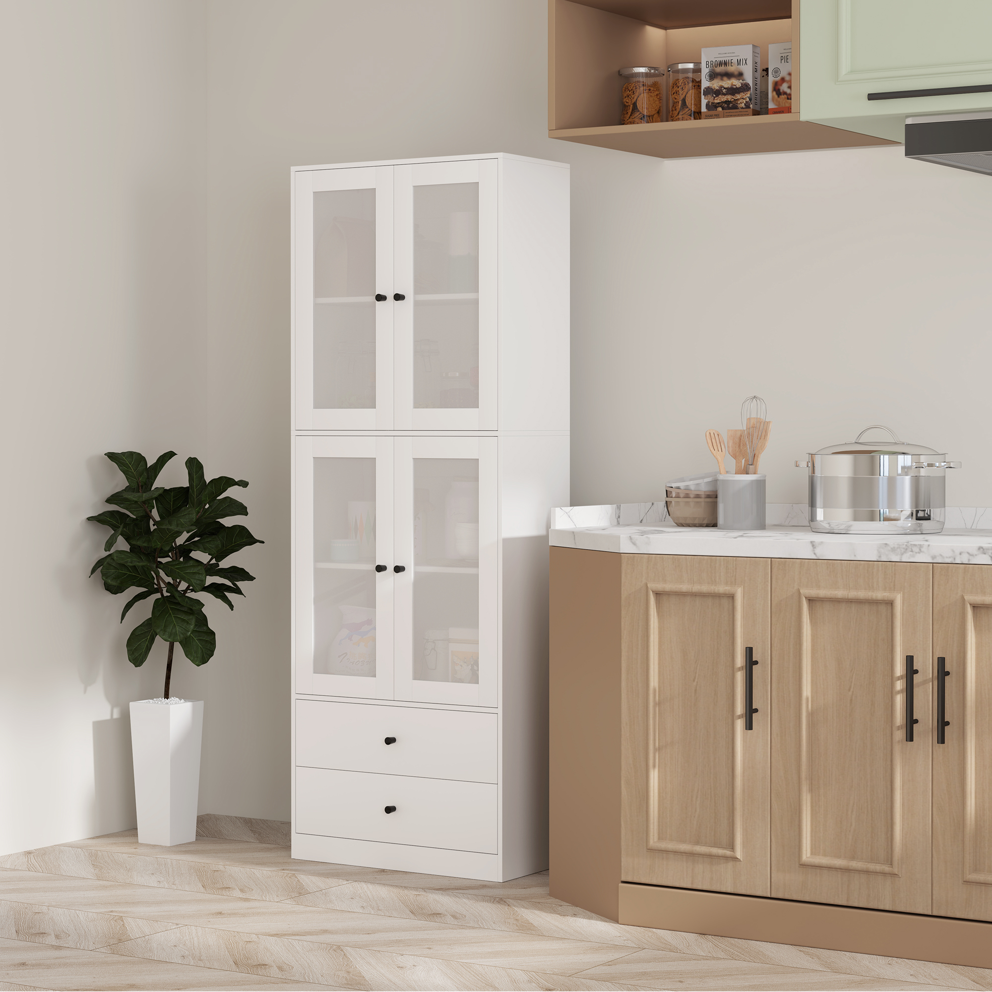 Keukenkast met Lades en Glazen Deuren, Melamine Oppervlak, Wit