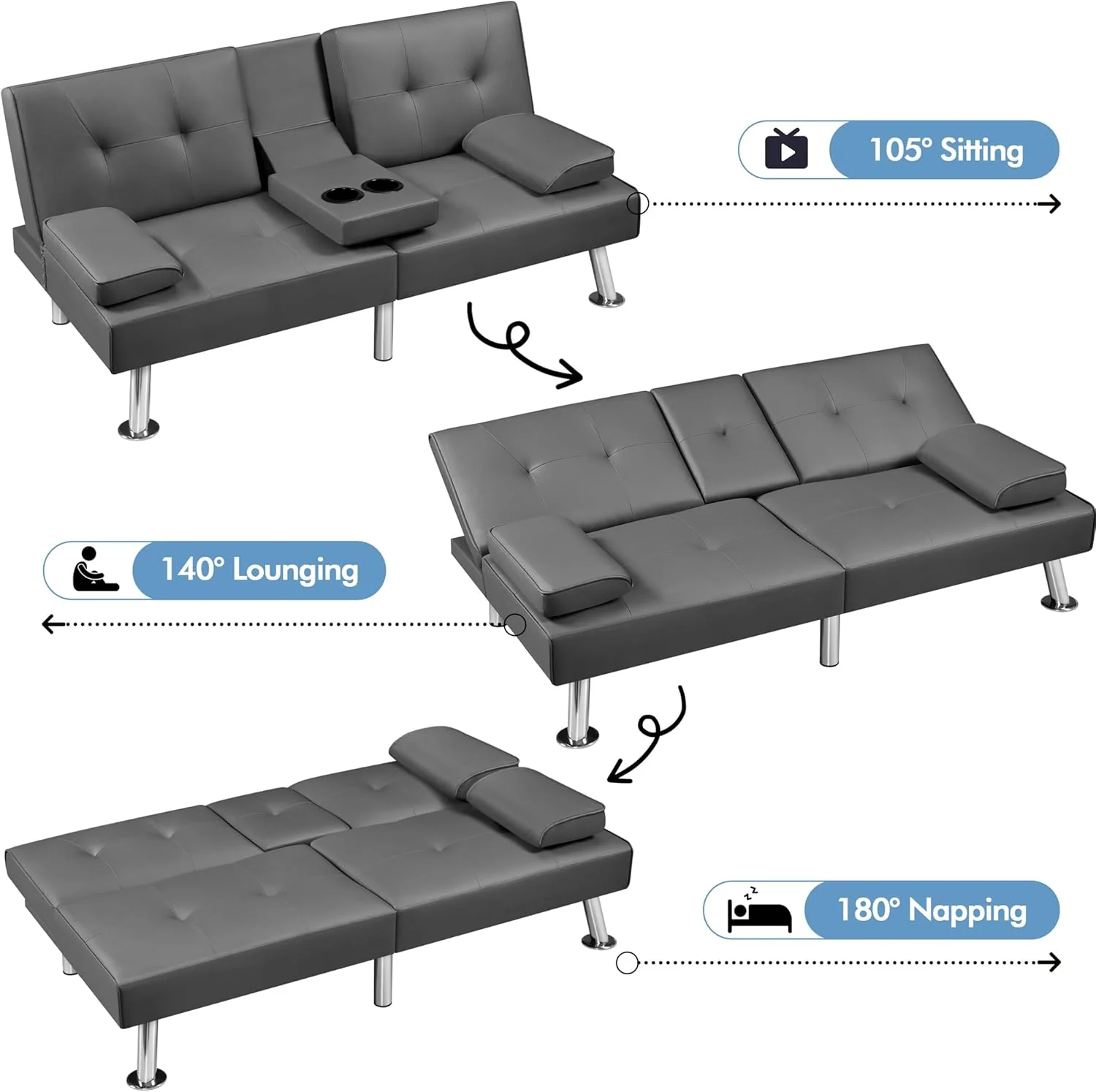 Yaheetech Convertible Sofa Bed Adjustable Couch Sleeper Modern Faux Leather Home Recliner Reversible Loveseat Folding Daybed Guest Bed, Removable Armrests, Cup Holders, 3 Angles, 772lb Capacity, Brown