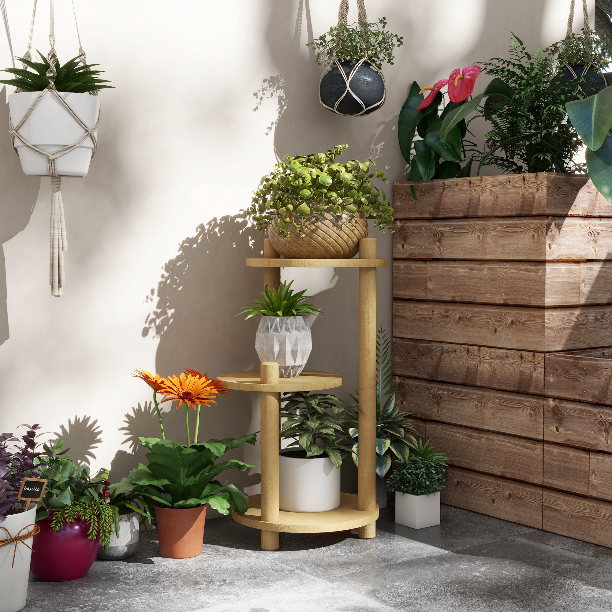 Outsunny Holzblumenregal, Blumenständer mit runden Regalen, Blumentöpfe Ständer, 3 Ebenen