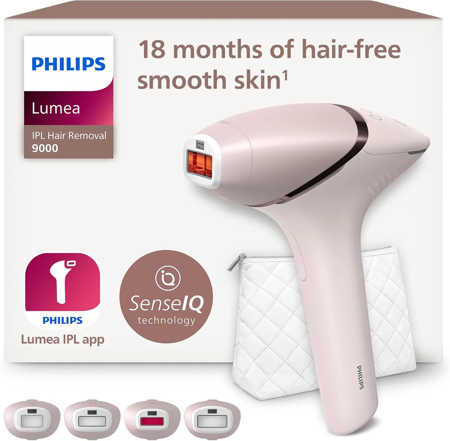 Philips Lumea IPL-ontharingsapparaat uit de 9000 Series �C Ontharingsapparaat met SenseIQ-technologie, 4 opzetstukken voor lichaam, gezicht, bikinilijn en oksels, draadloos (model BRI957/00)
