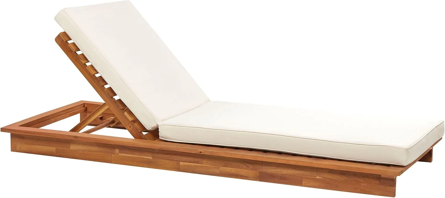 Beliani Gartenliege Akazienholz Heller Holzfarbton mit Auflage weiß verstellbar Granari