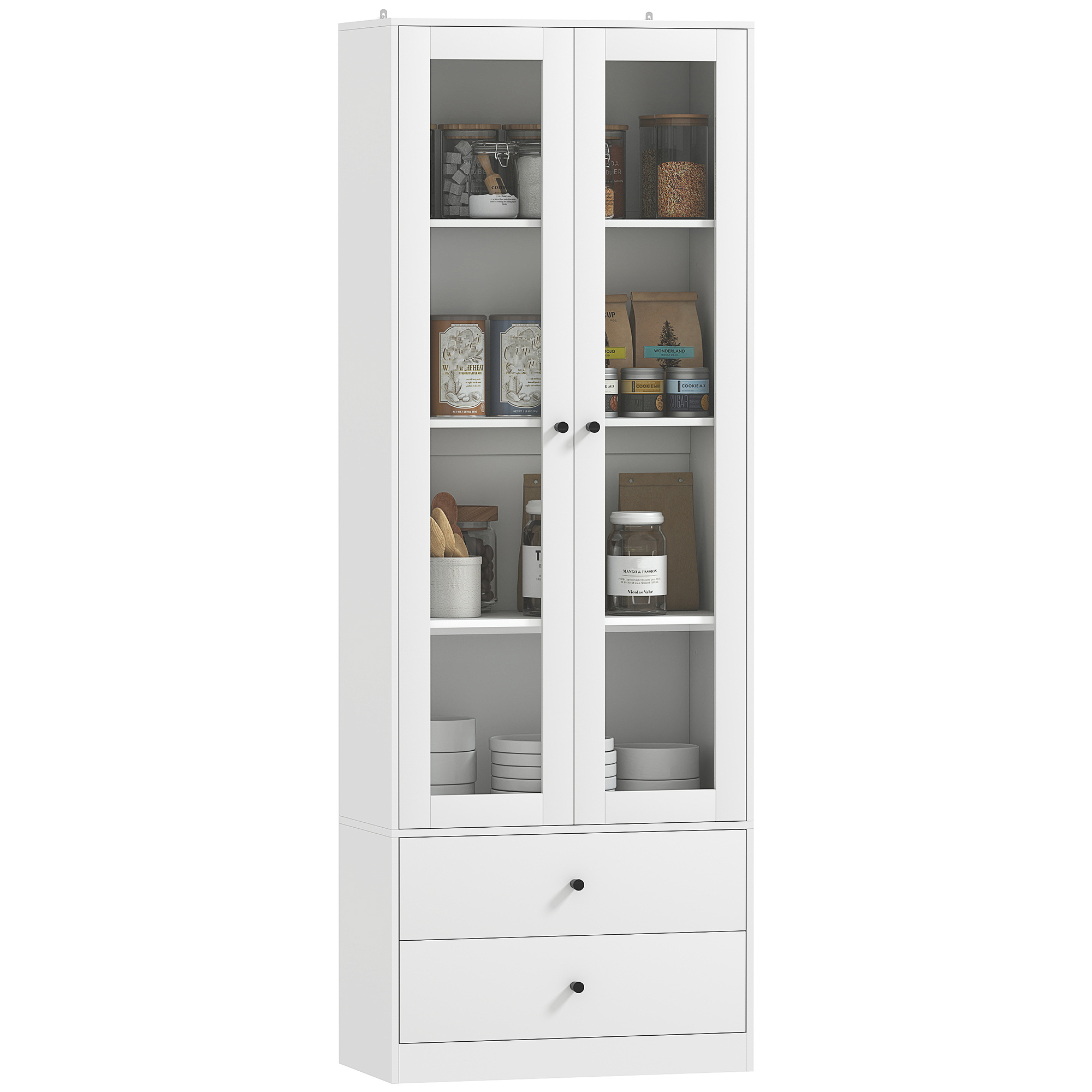 HOMCOM Kommode mit Schrank und 2 Schubladen, Glastüren und verstellbare Regale, 59x30x164 cm, Weiß