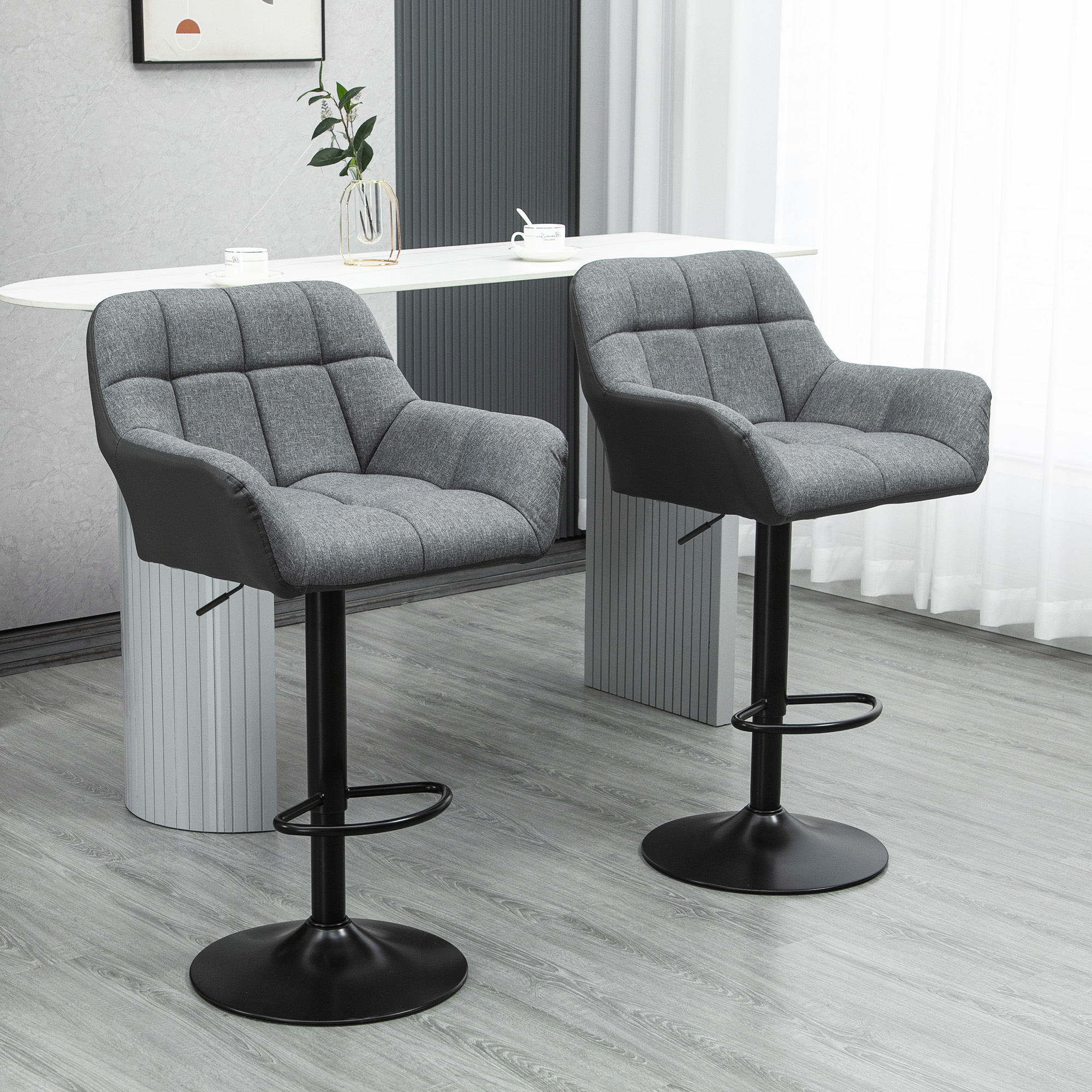 HOMCOM Barhocker 2er-Set Retro-Design höhenverstellbar Kunstleder Leinenoptik Grau + Schwarz