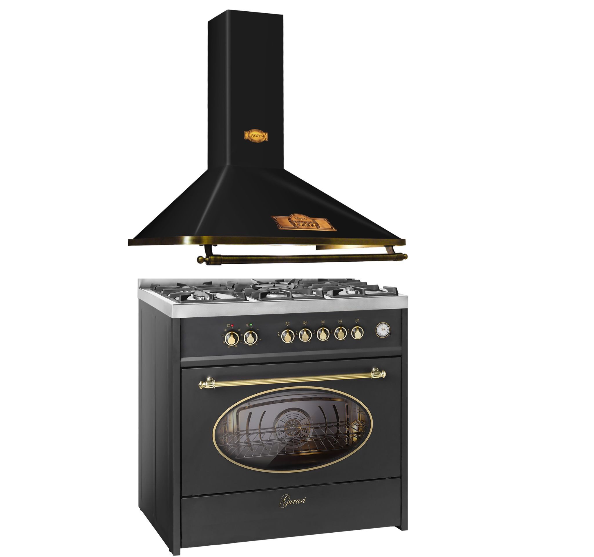 Gas-Standherd Retro Gas Elektro Standherd 90 cm Range Coocker 121L +Dunstabzugshaube, 90cm, 910 m³/h GCH E 914 BL r+A 9315 Em ECO