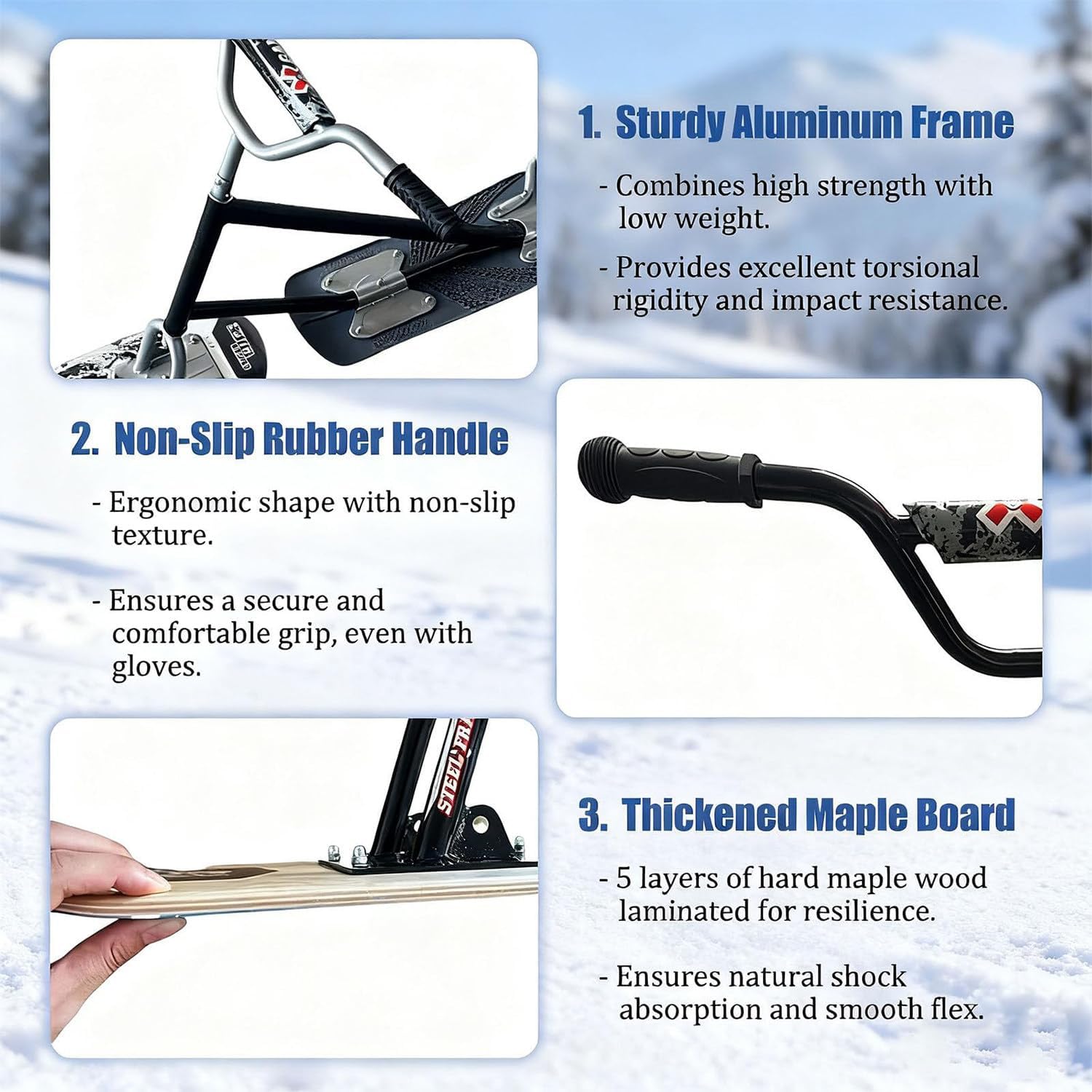 Schneeschlitten Für Erwachsene, All-Terrain-Snowboards, Doppelboard-Design, Mit 360° Drehbarem Hinterski, Dreifach Verstärkt, 150 Kg Tragfähigkeit, Für Snowparks Black